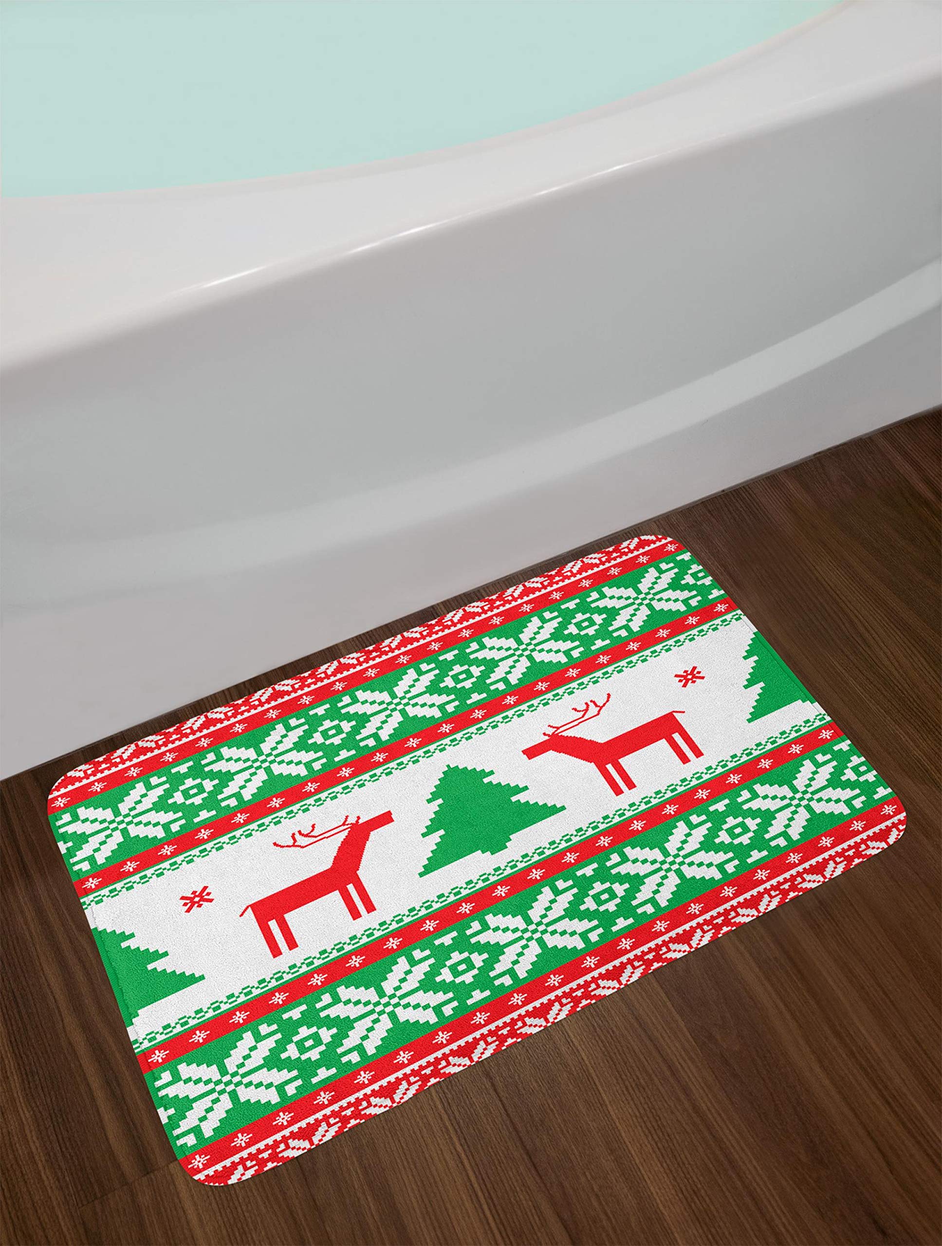 Ambesonne Christmas Bath Mat - Knit Style Reindeer, Star & Snowflake Holiday Design, Non-Slip Plush Bathroom Rug, 30.2 x 20 Inches, Red Green White - Perfect for Festive Home Decor & Cozy Winter Bathroom