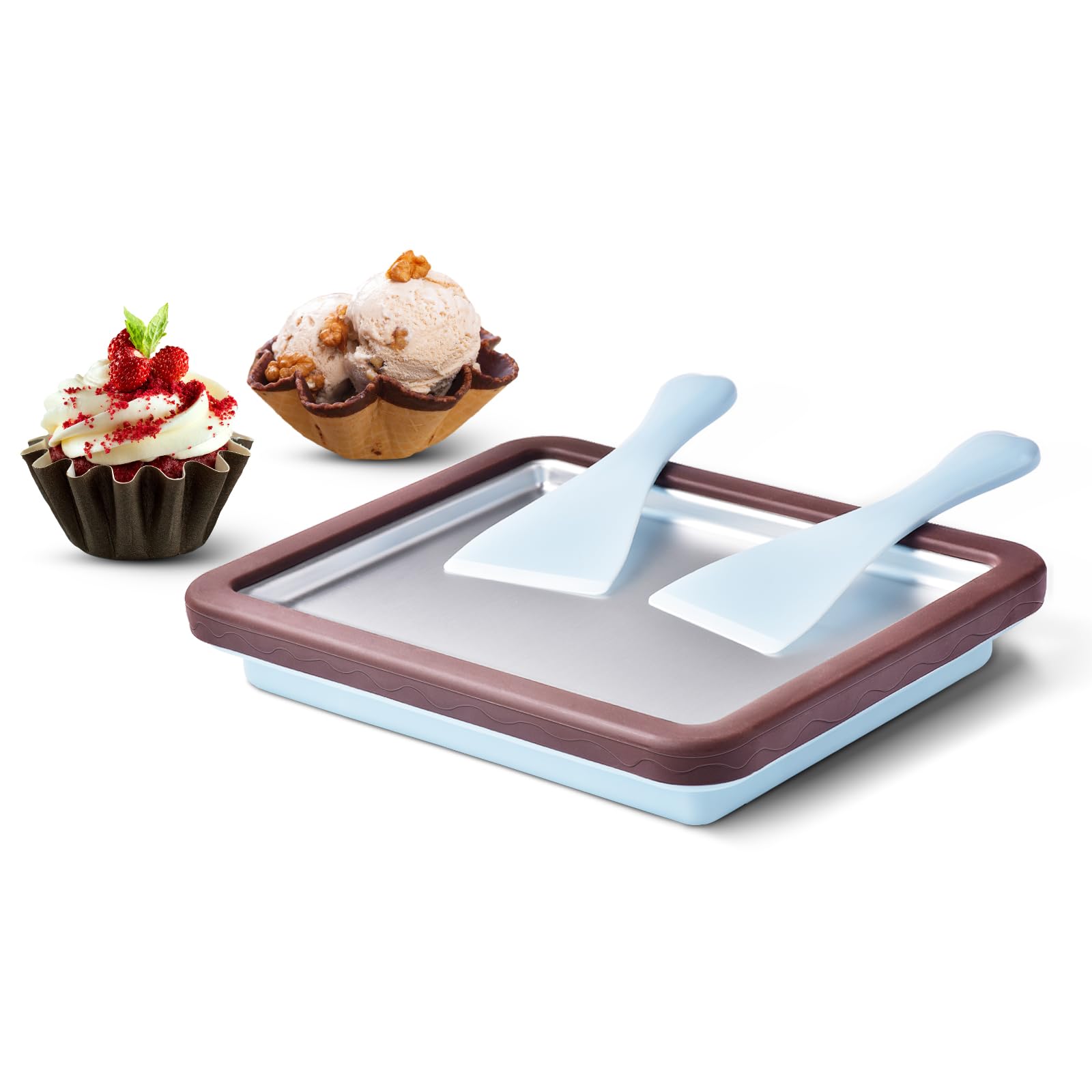 Rolled Ice Cream Maker Machine with 2 Spatulas & Recipe Book - DIY Ice Cream Roll Maker Plate for Home Use - Perfect for Parties, Dessert Shops & Fun Kids Activities (Brown & Blue)