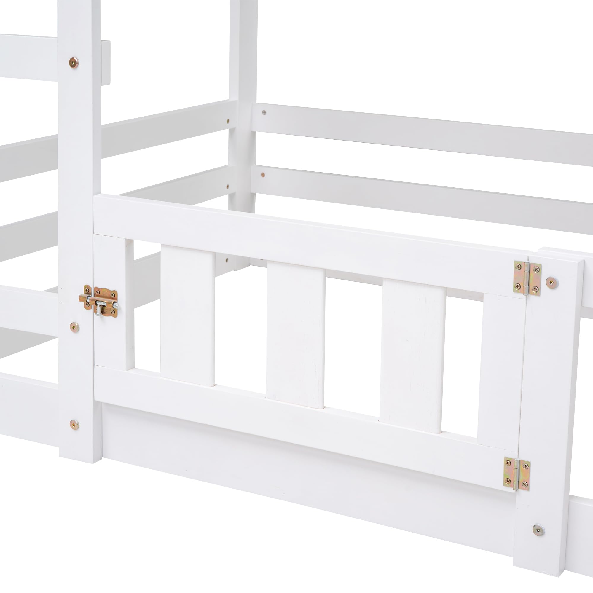 SOFTSEA Twin Over Twin Kids Bunk Bed - Low Profile House Design with Safety Fence, Guardrails & Ladder - Solid Wood Frame, No Box Spring Required - Perfect for Small Bedrooms, Shared Kids Rooms & Sleepovers (White)
