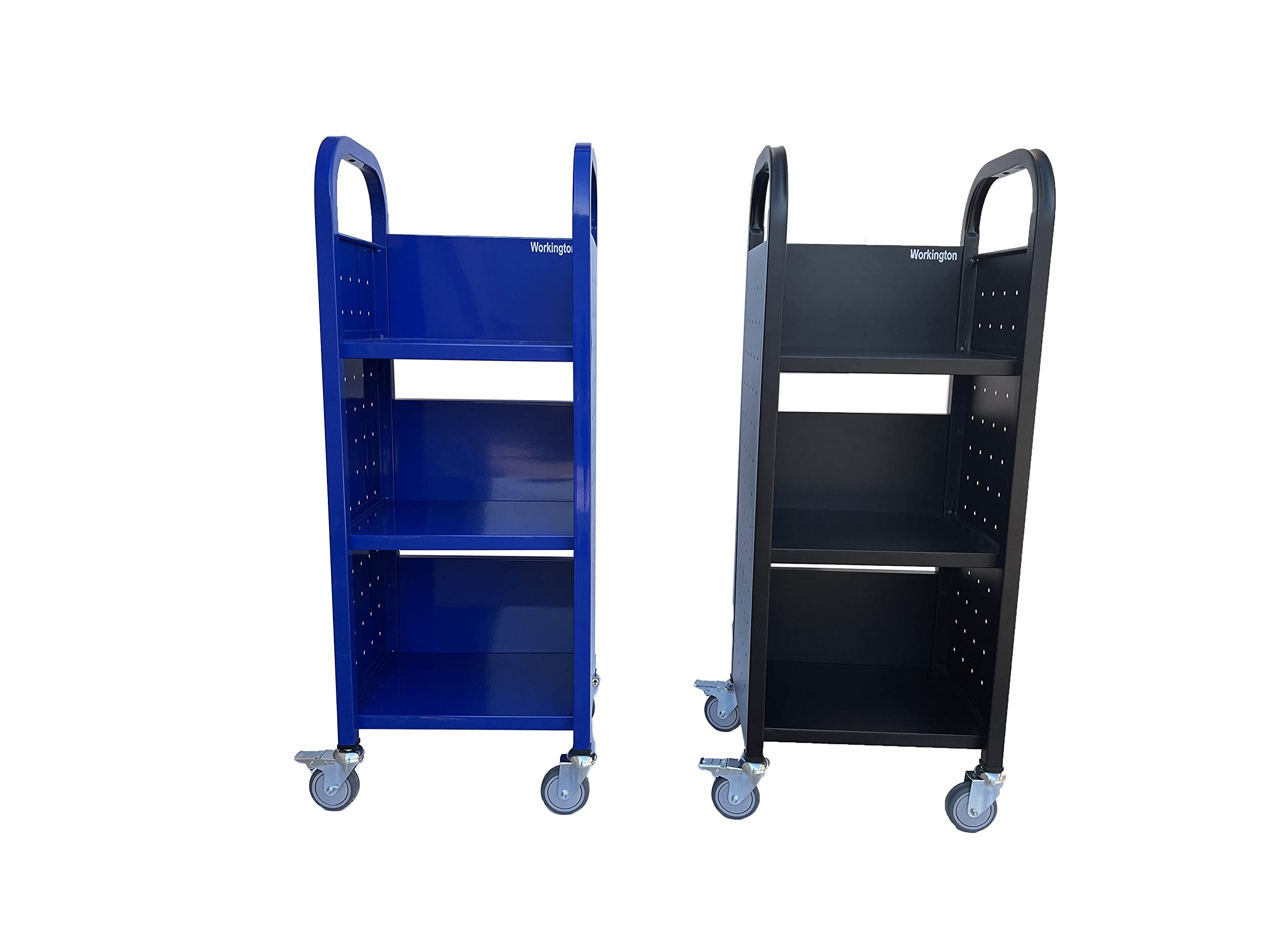 Heavy Duty Workington Single Bank Rolling Book Truck with 3 Flat Shelves - Mobile Library Book Cart with Swivel Locking Casters 3000 Blue - Perfect for Libraries, Schools, and Office Document Organization