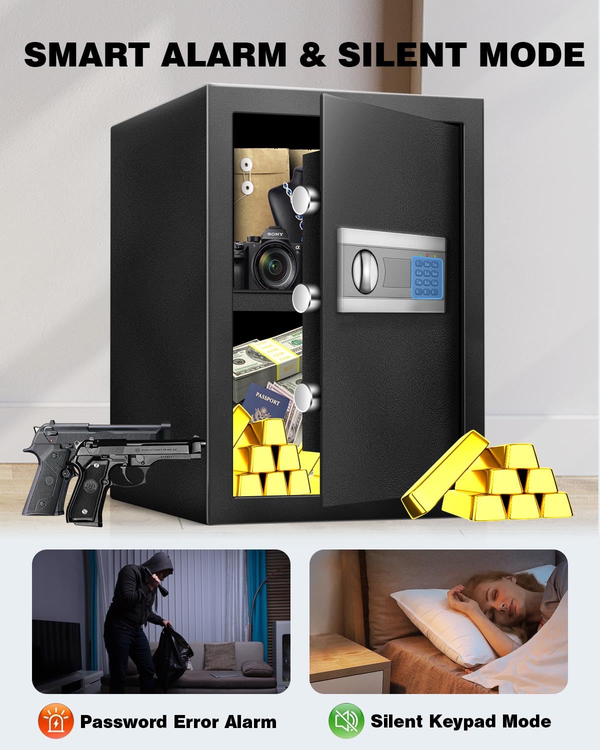2.5 Cu Ft Fireproof Home Safe Box - Digital Security Safe with Adjustable Shelves, Smart Alarm System, Silent Keypad & Motion Sensor Lights - Ideal for Home, Office, Dormitory & Hotel Use - Protect Jewelry, Documents & Valuables