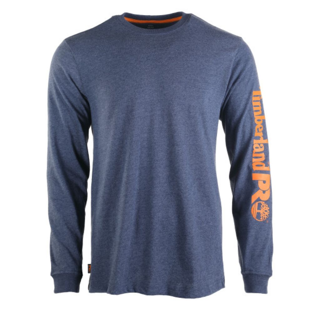 Timberland PRO Men's Core Logo Long Sleeve T-Shirt - Moisture Wicking Work Shirt, Blue Heather - Perfect for Construction, Outdoor Work & Casual Wear