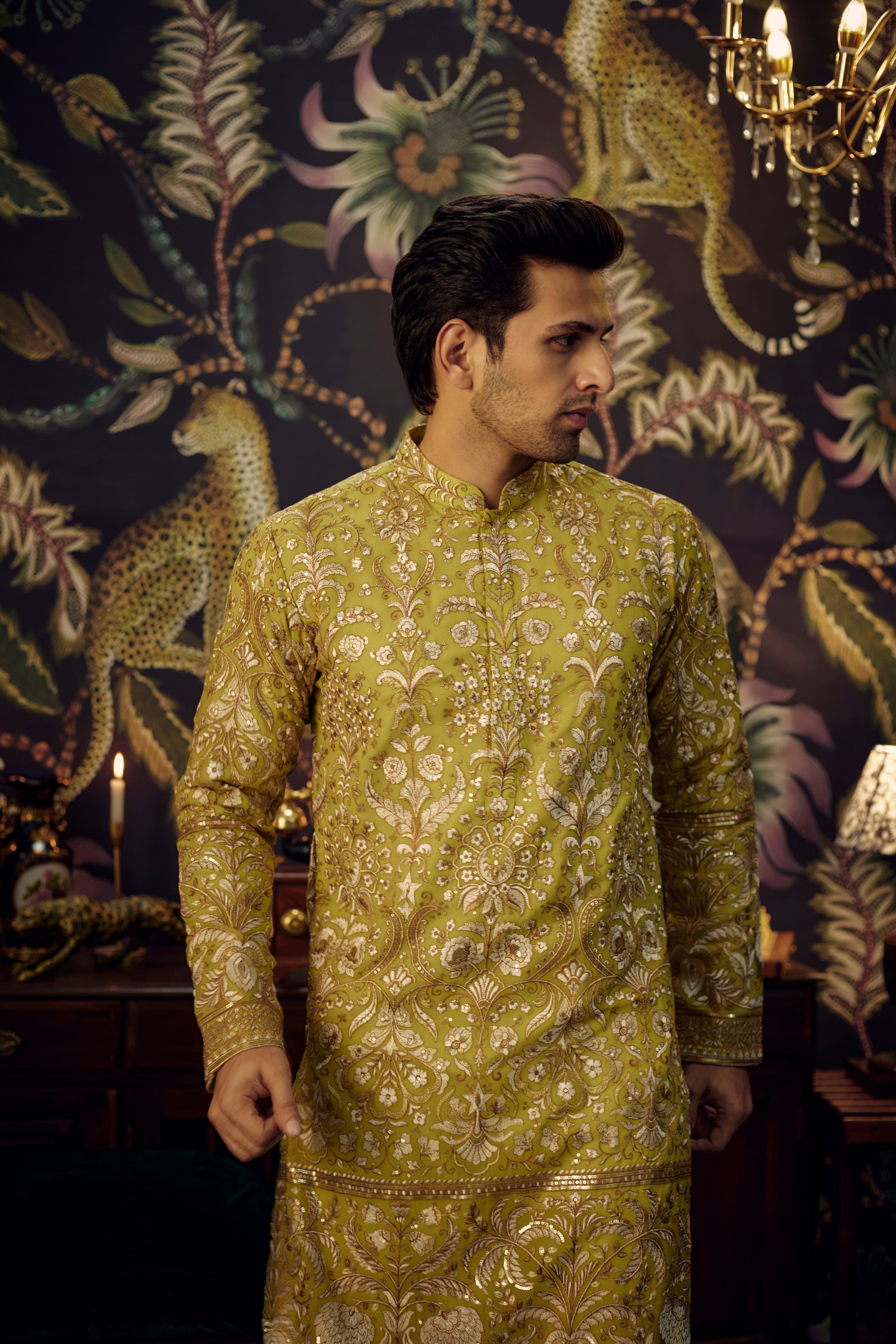 Elegant Neon Green Chikankari Kurta with Intricate Floral Zari Embroidery - Perfect for Festivals, Weddings & Ethnic Parties