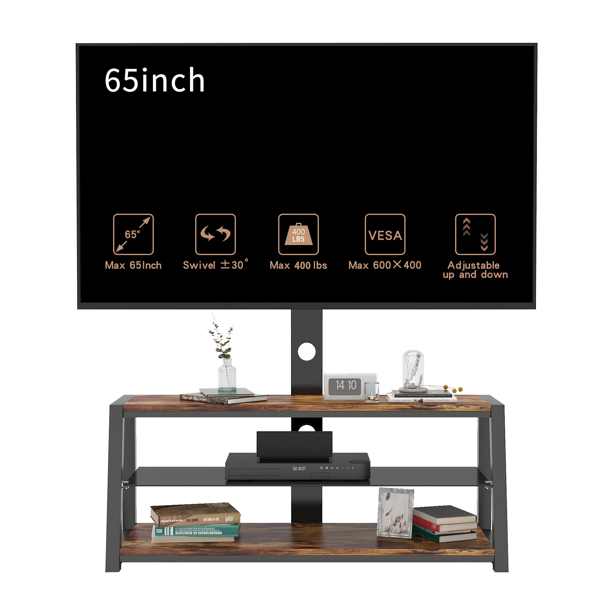 JULYFOX Adjustable TV Stand for 32-65 Inch TVs - 3-Tier Storage Shelves & Swivel Mount Bracket for LCD LED Plasma Flat/Curved Screens - Perfect for Living Room, Office & Home Theater Setup