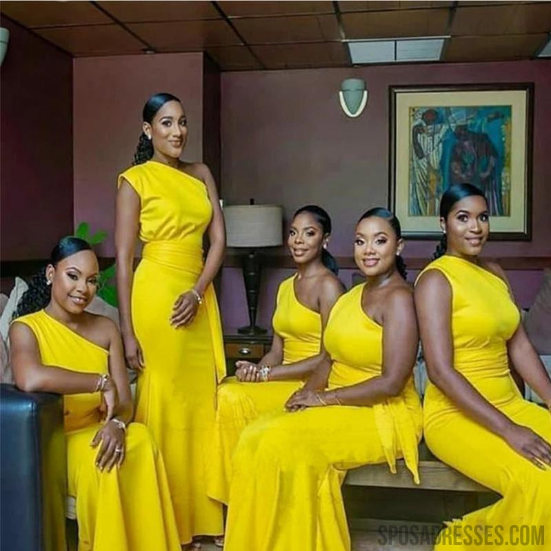 Elegant Yellow One Shoulder Sleeveless Sheath Bridesmaid Dress - Formal Evening Gown for Weddings, Prom & Special Occasions | WG980