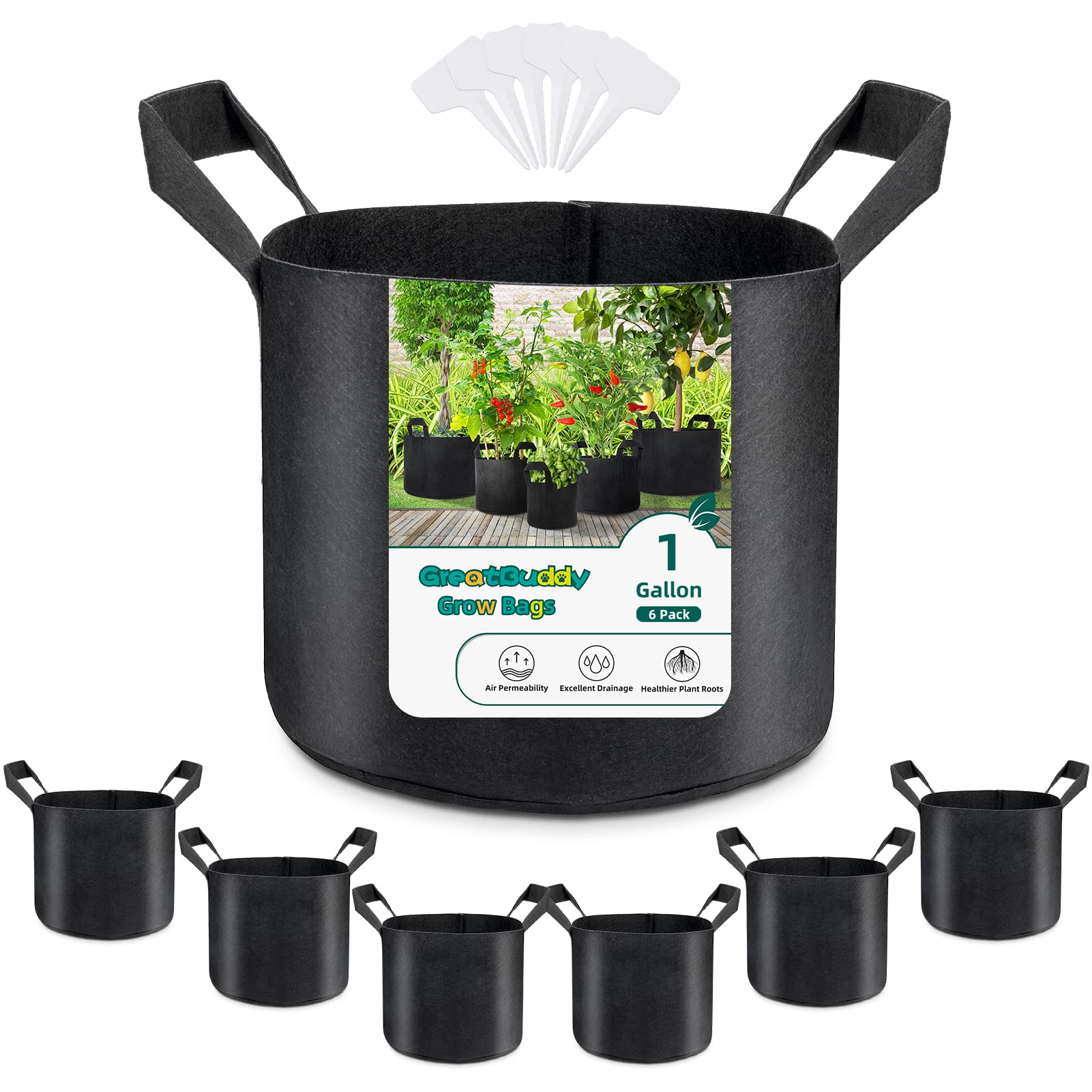 GreatBuddy 1 Gallon Grow Bags 6-Pack - Thick Fabric Plant Pots with Sturdy Handles & Reinforced Stitching - Includes Free Labels (Black) - Ideal for Indoor/Outdoor Gardening, Vegetables, Herbs & Flowers