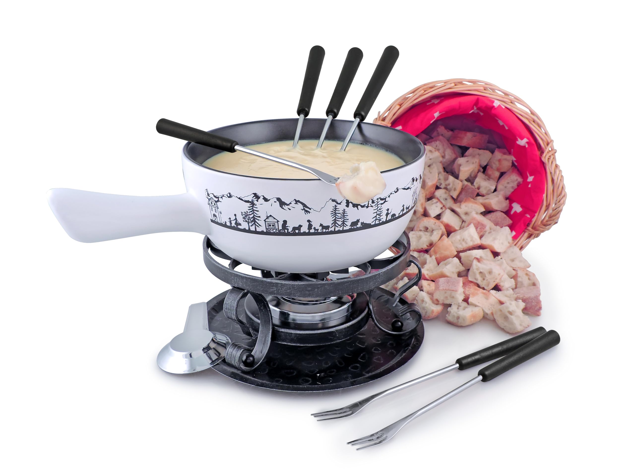 Premium Swissmar Heidi Cheese Fondue Set - 2.8 QT Ceramic Pot with Rechaud Burner, 6 Forks & Recipe Card - Perfect for Melting Cheese, Chocolate & Caramel - Elegant White - Ideal for Dinner Parties, Romantic Dates & Family Gatherings