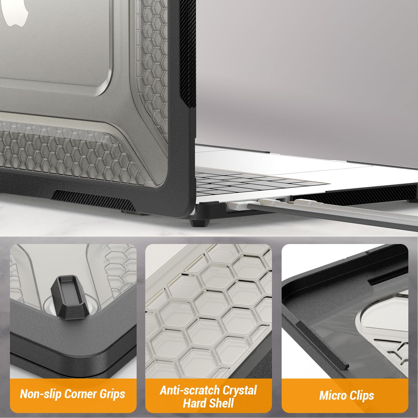 SEYMAC Protective Case for MacBook Air 15 inch (2023-2025 Models A3241/A3114/A2941 M2-M4 Chip) - Shockproof Cover with Built-in Stand & Mouse Pad | Perfect for Work, Travel & School (Black)
