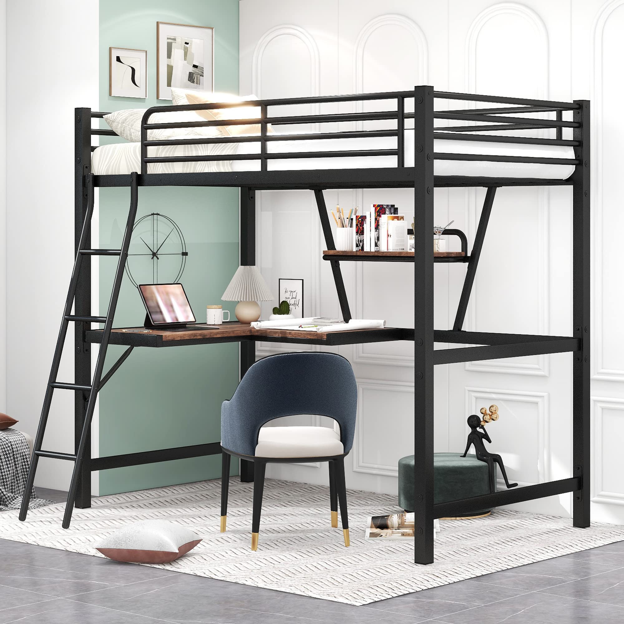 KLMM Modern Twin Size Loft Metal & MDF Bed with Built-in Desk and Shelves - Space Saving Study Bed for Teens & Adults - Perfect for Small Bedrooms, Dorm Rooms & Studio Apartments (Black)