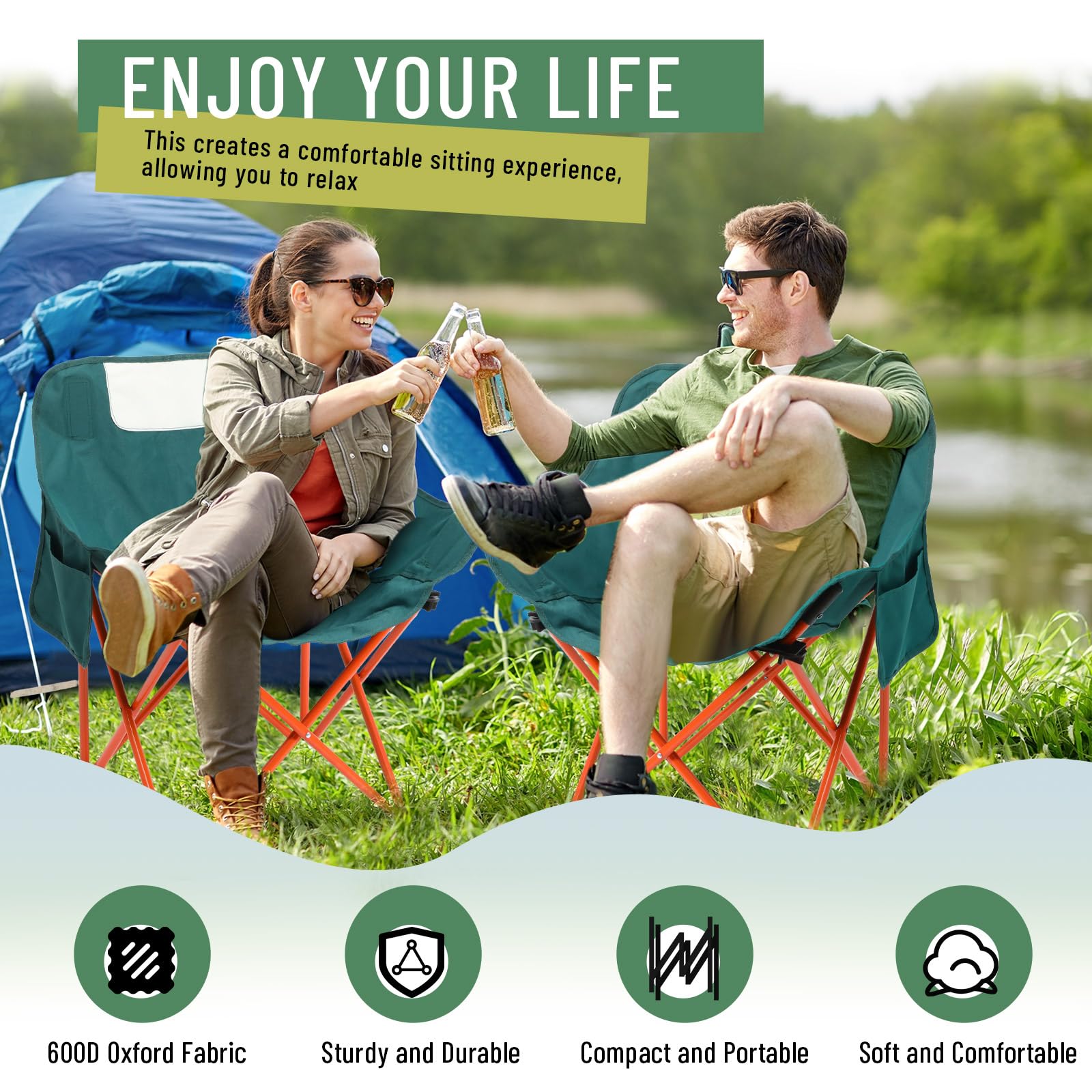 2 Pack Lightweight Portable Folding Camping Chairs - 600D Oxford Fabric, Supports 330lbs - Compact Moon Chairs with Carry Bag for Outdoor Travel, Picnic, Hiking, Beach & Fishing (Green) - Perfect for Backyard BBQs, Camping Trips, Sports Events and Beach Relaxation