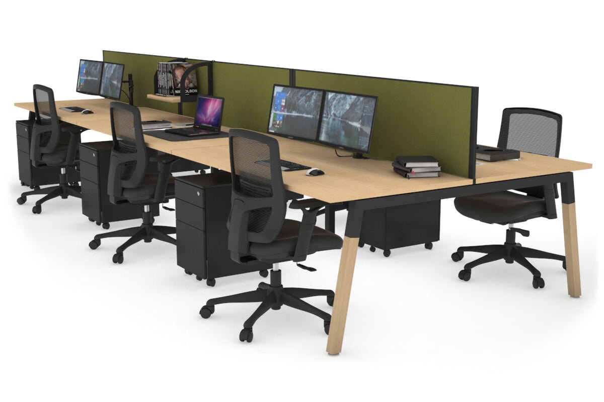 Quadro A Legs 6-Person Office Workstation with Wood Legs & Cross Beam - 1400L x 800W with Cable Management Scallop | Perfect for Collaborative Workspaces, Open Offices & Coworking Environments