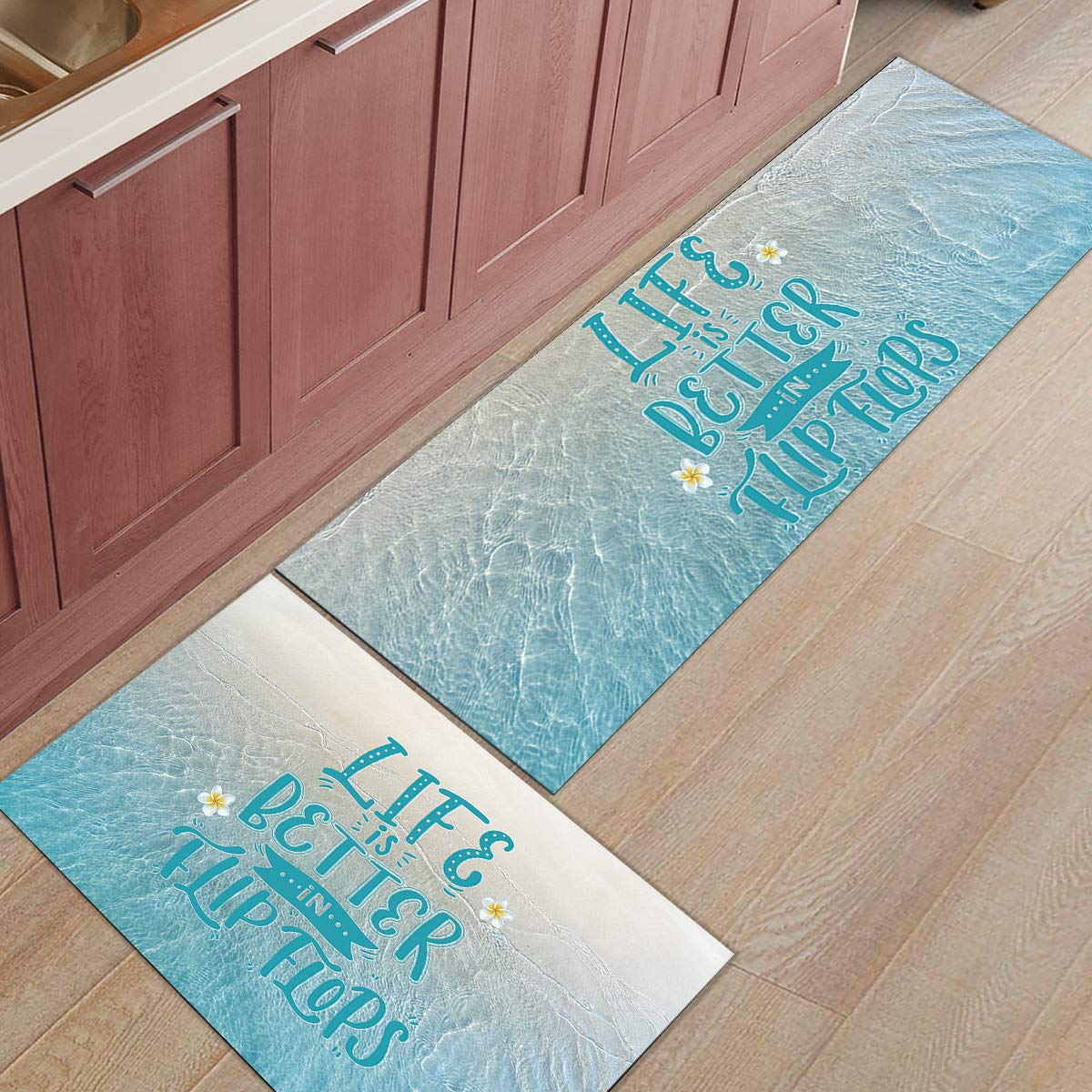 Non-Slip 2-Piece Kitchen Rug Set with Frangipani Beach Design - Washable Floor Mats for Kitchen, Doormat & Runner - Perfect for Beach House, Vacation Homes & Coastal Decor