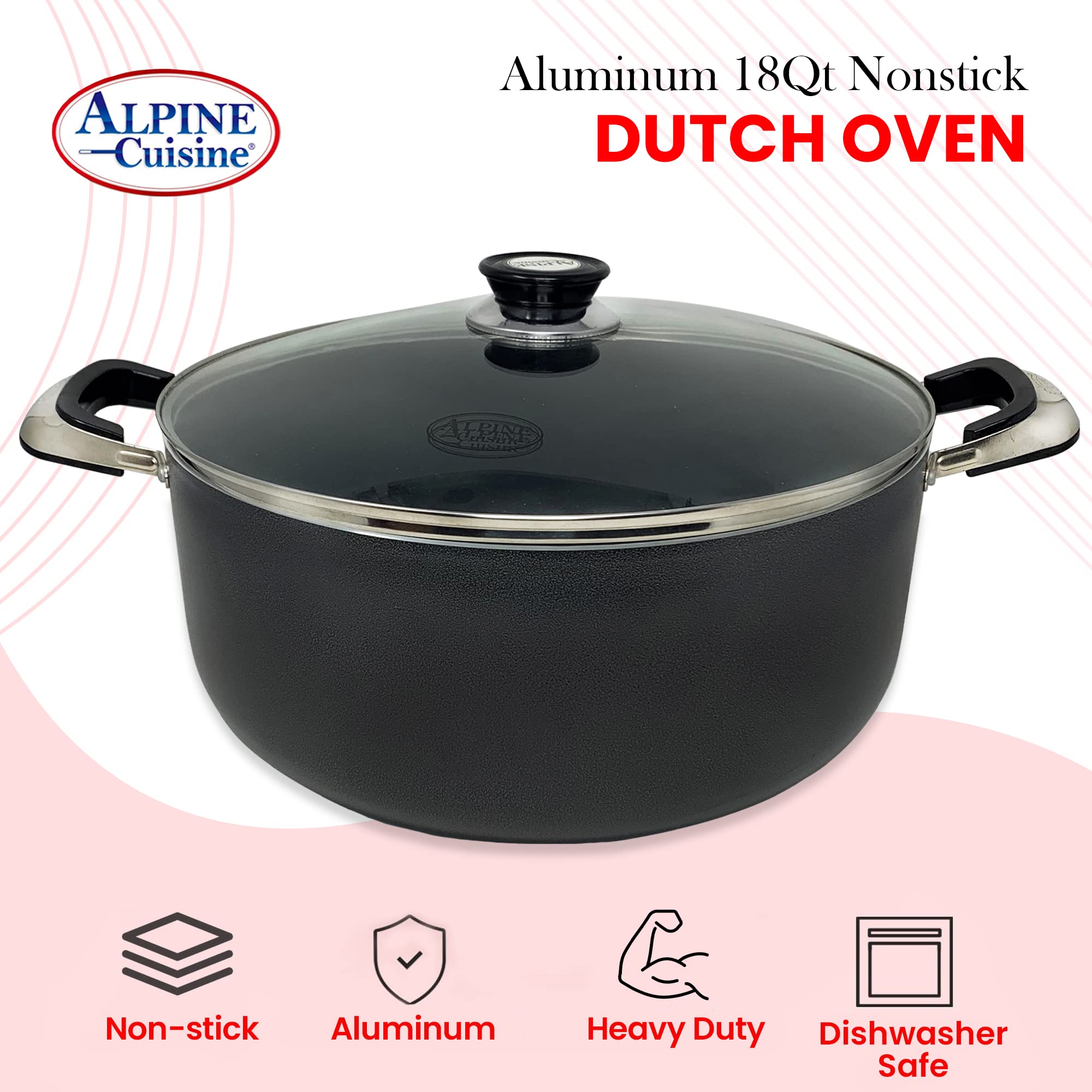 Alpine Cuisine 18 Quart Non-Stick Aluminum Dutch Oven with Tempered Glass Lid - Multi-Purpose Stock Pot for Braising, Boiling, Stewing - Perfect for Soups, Stews & Large Family Meals
