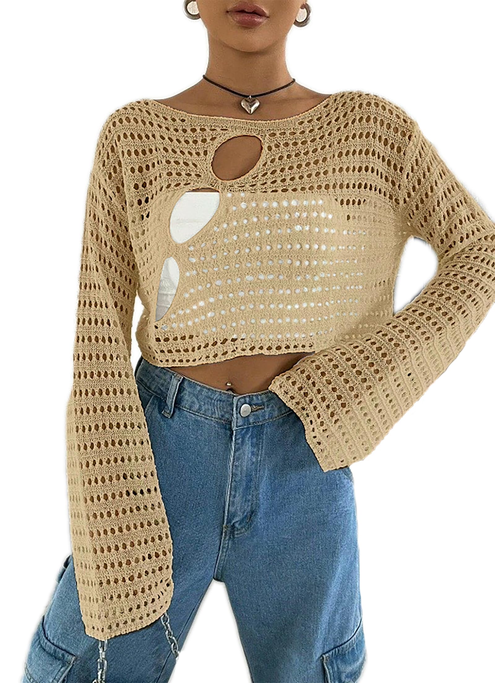 2025 Women's Crochet Knit Hollow Out Sweater - Long Sleeve Summer Cover Up Cropped Top for Beach, Vacation & Casual Outfits