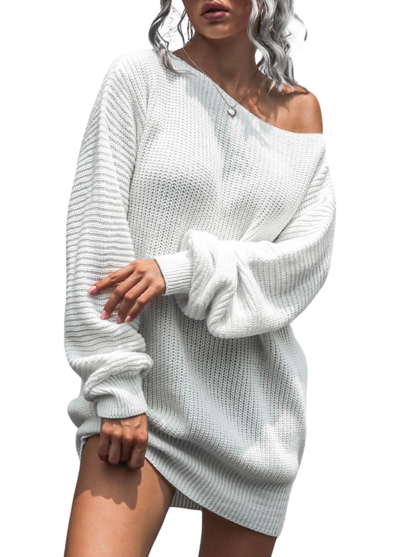 Women's Off Shoulder Sweater Dress - Long Sleeve Tunic Top, Casual Oversized Solid Color Knitwear | Perfect for Fall/Winter Layering, Date Nights & Office Wear