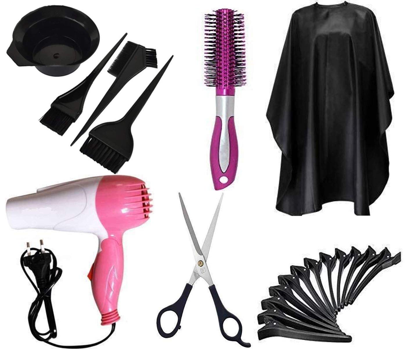 SIYAA Professional Hairdressing Kit - Hair Dye Bowl, Apron, Cutting Sheet, Hair Dryer with Round Brush, Section Clips & Scissors for Salon & Home Use - Perfect for Stylists, Barbers & DIY Hair Care