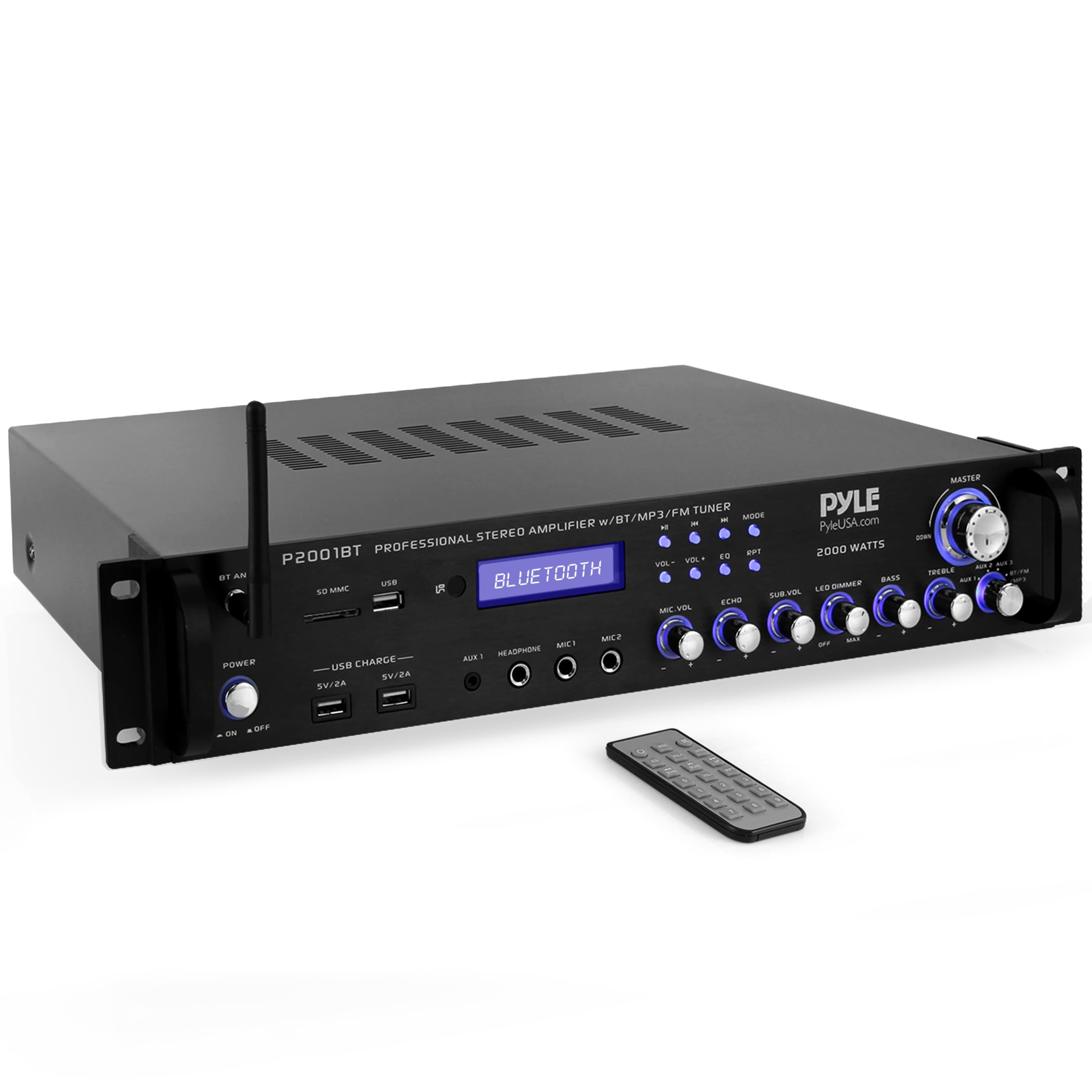 Pyle P2001BT 2000W Multi-Channel Bluetooth Stereo Receiver with Radio, USB, AUX, RCA, Dual Mic Input & Echo - Wireless Streaming for Home Audio, Karaoke & Parties - Perfect for DJs, Home Theater & Entertainment Systems
