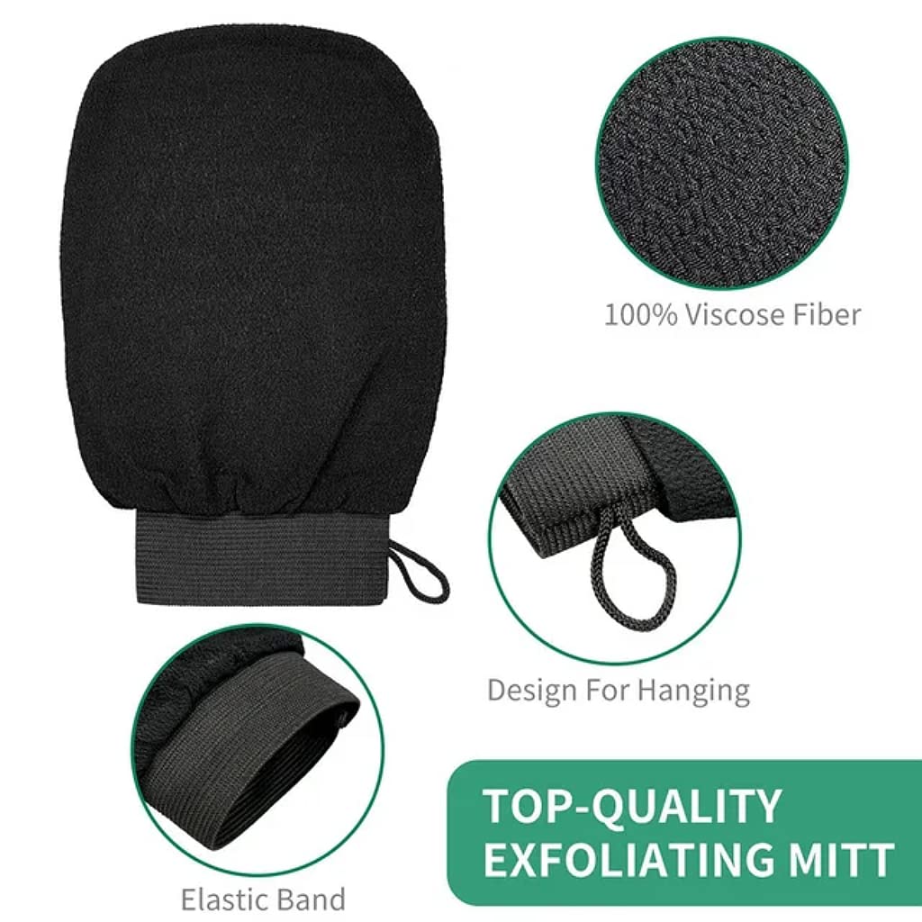 HAUSHUT 100% Viscose Fiber Reusable Exfoliating Bath Gloves for Dead Skin & Tan Removal - Soft Body Scrub Mittens for Men, Women & Girls (Black, 1 Pair) - Perfect for Spa, Shower & Skincare Routine