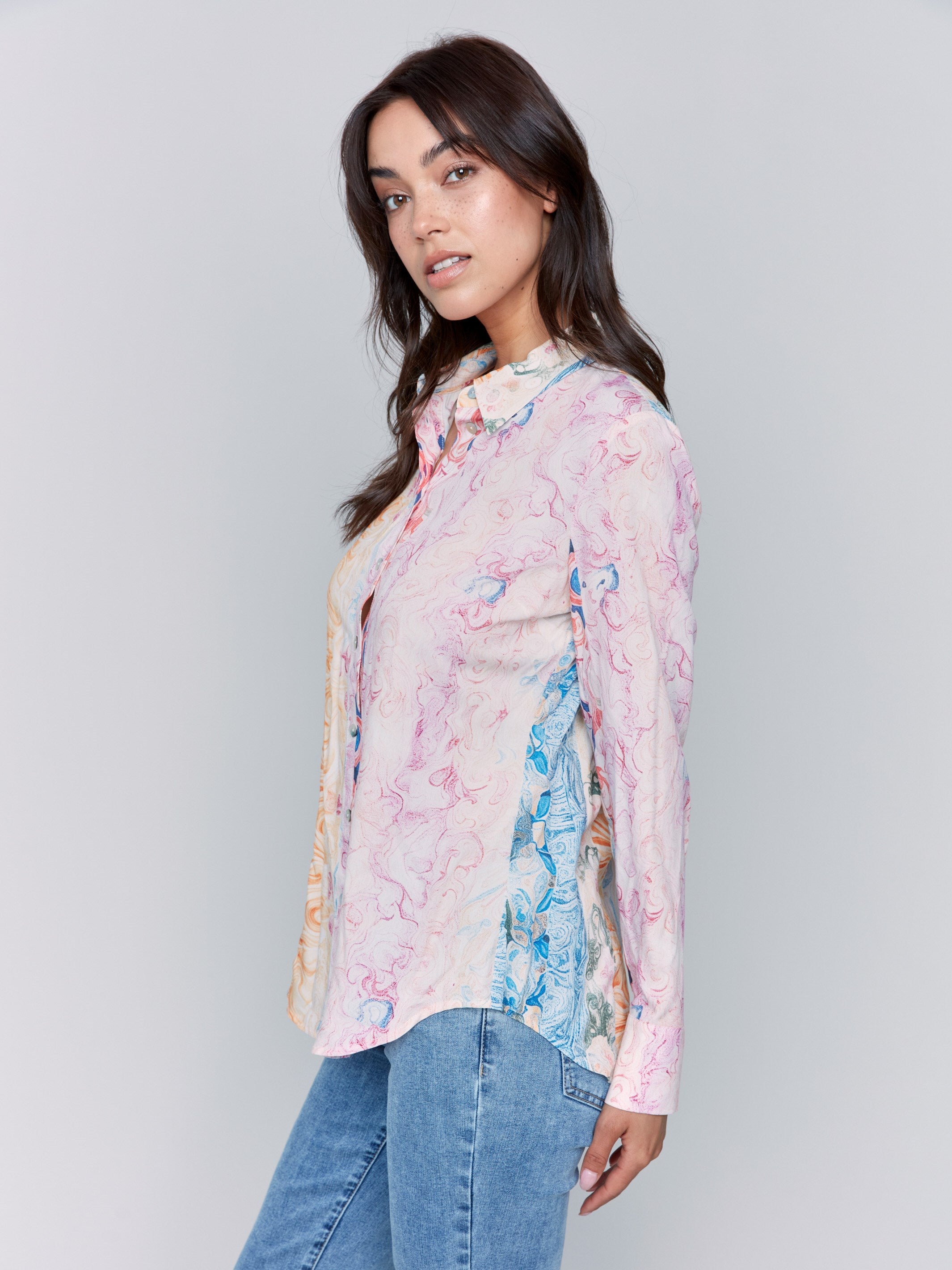 Stylish Printed Long Sleeve Button-Up Blouse for Women - Floral Wallpaper Design - Perfect for Office Wear & Casual Outfits