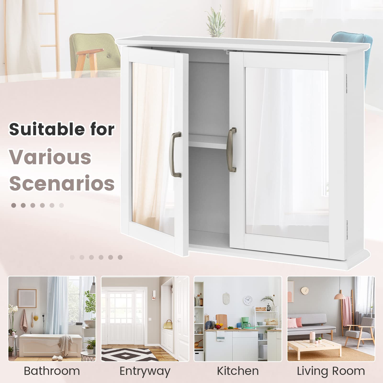 Tangkula White Wall Mounted Medicine Cabinet with Mirror - 23.5 x 5.5 x 19.5 Inch Bathroom Storage Cabinet with Double Mirror Doors - Perfect for Small Bathrooms, Vanity Areas & Apartment Bathroom Organization