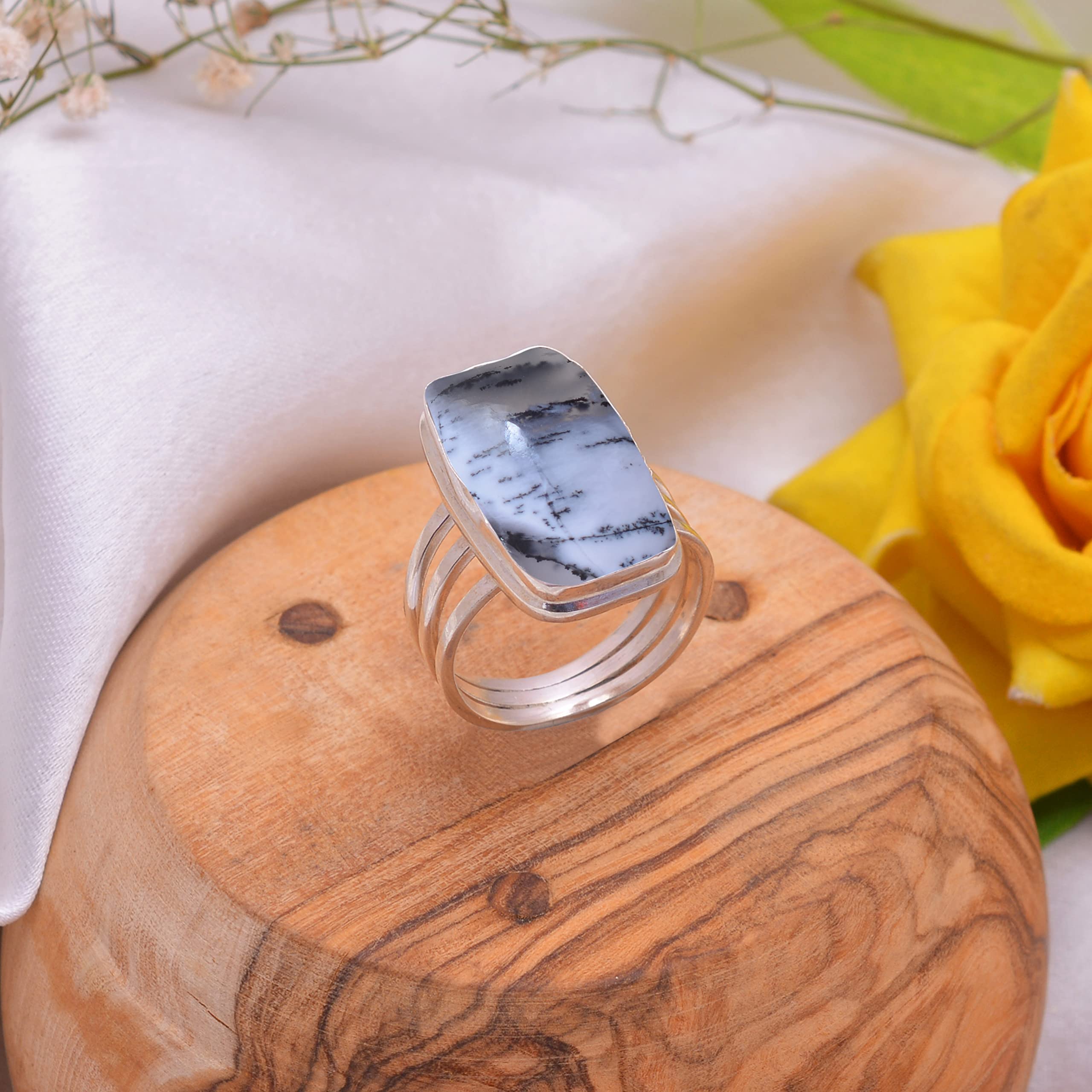 Veracity Jewelry Dendrite Opal & Dendritic Agate Ring for Women - 925 Sterling Silver Healing Meditation Ring - Black & White Gemstone Jewelry for Spiritual Energy & Chakra Balancing - Perfect for Yoga, Reiki & Mindful Living - VSR-797