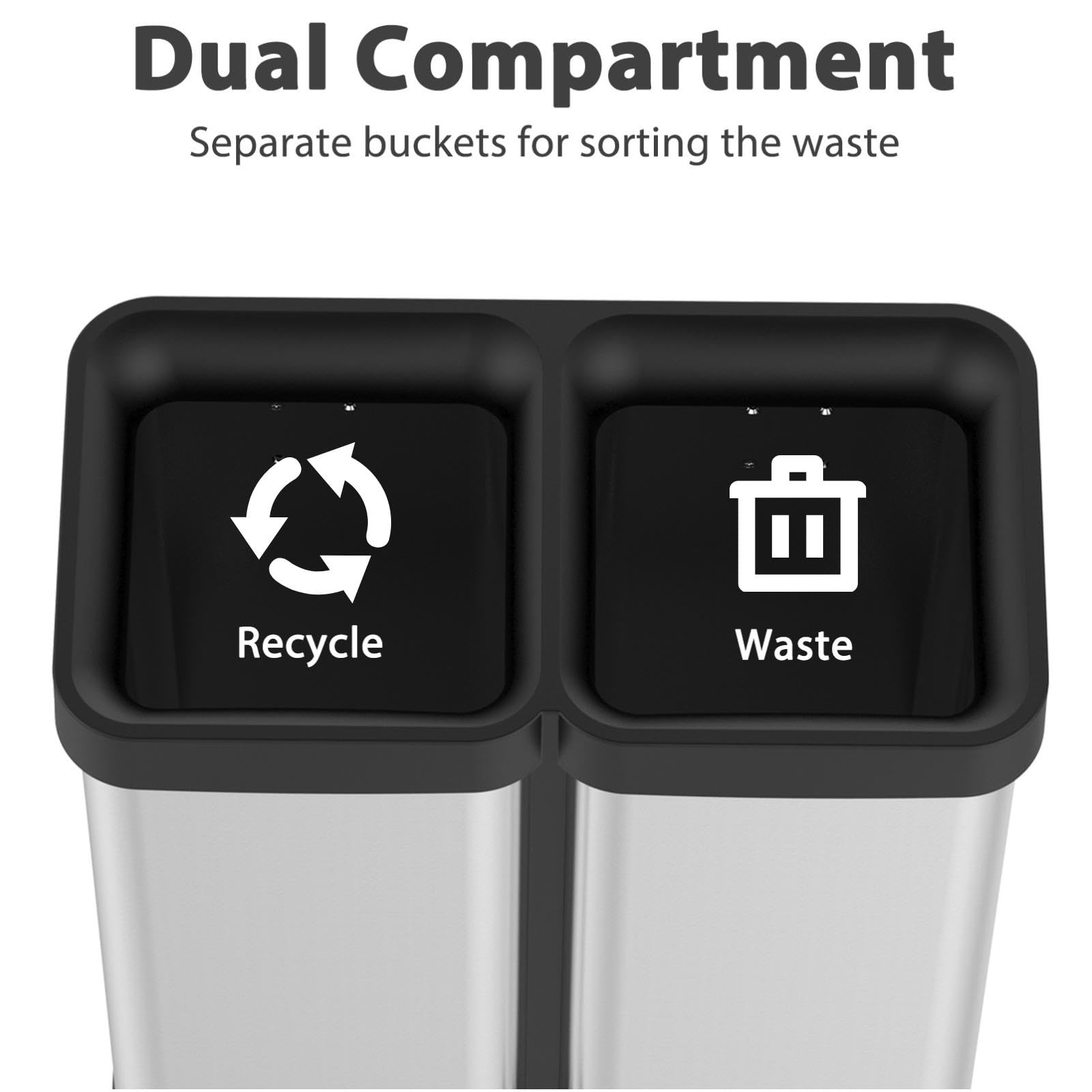 GARVEE 2x5.3 Gallon Dual Compartment Stainless Steel Trash Can - Lidless Open Top Kitchen Waste Bin for Office, Restaurant & Home Use - Perfect for Recycling, Food Waste & General Trash Disposal