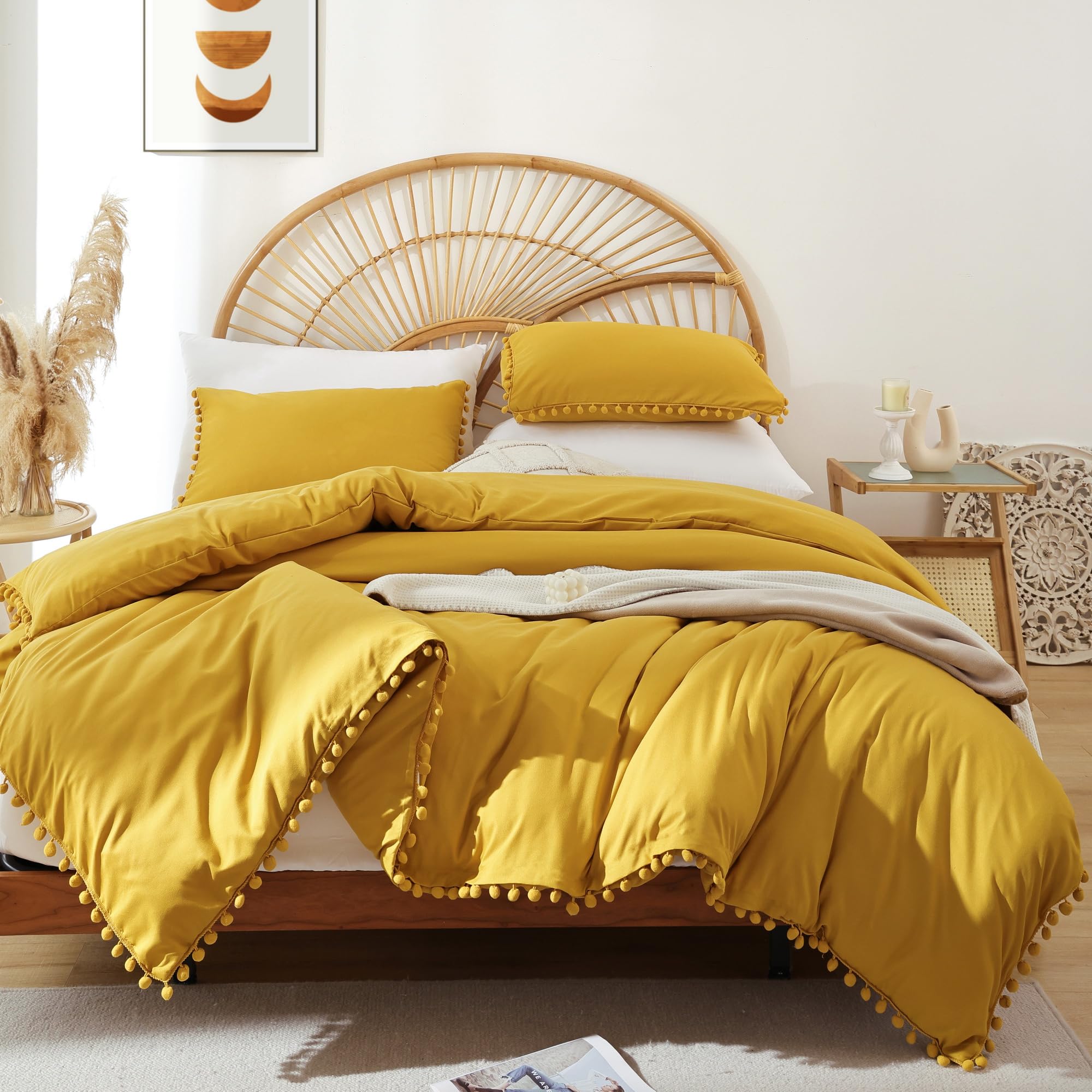 Queen Comforter Set with Pom Fringe - Soft All-Season Bedding for Cozy Nights - Mustard Yellow