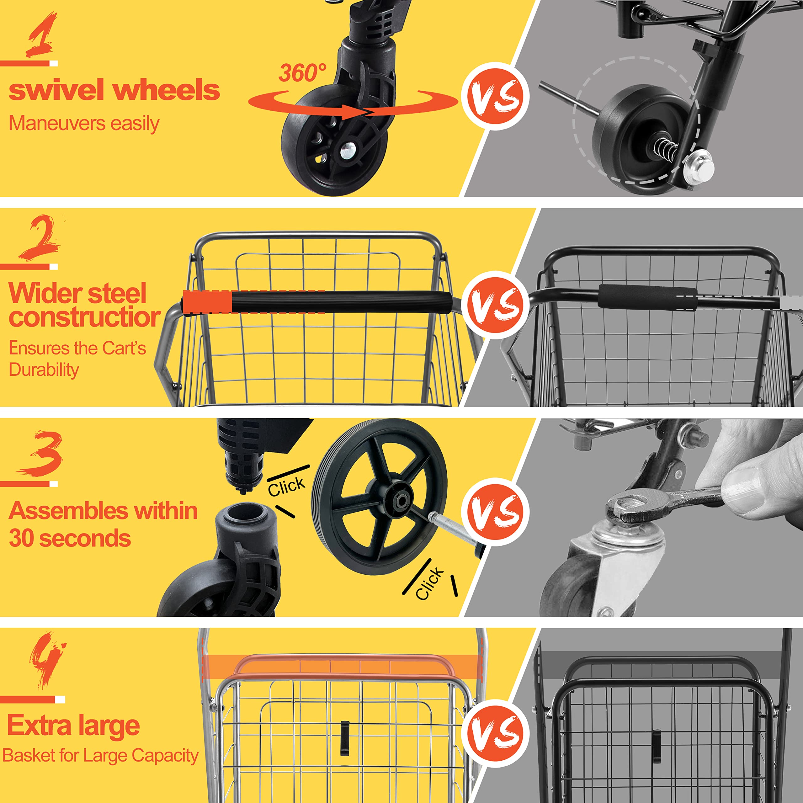 Wellmax WM99024S Heavy Duty Collapsible Grocery Shopping Cart with Swivel Wheels - Portable & Space Saving Lightweight Utility Trolley for Groceries, Laundry, and Outdoor Market Trips
