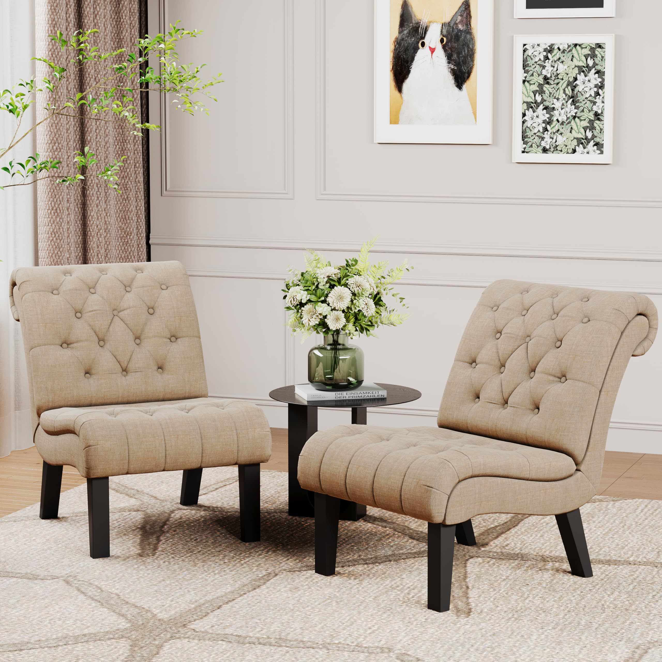 2-Piece Modern Accent Chair Set - Upholstered Tufted Armless Lounge Chairs with Wooden Legs for Living Room, Bedroom & Office - Khaki Fabric Recliner Sofa Chairs - Perfect for Small Spaces, Reading Nooks & Guest Seating