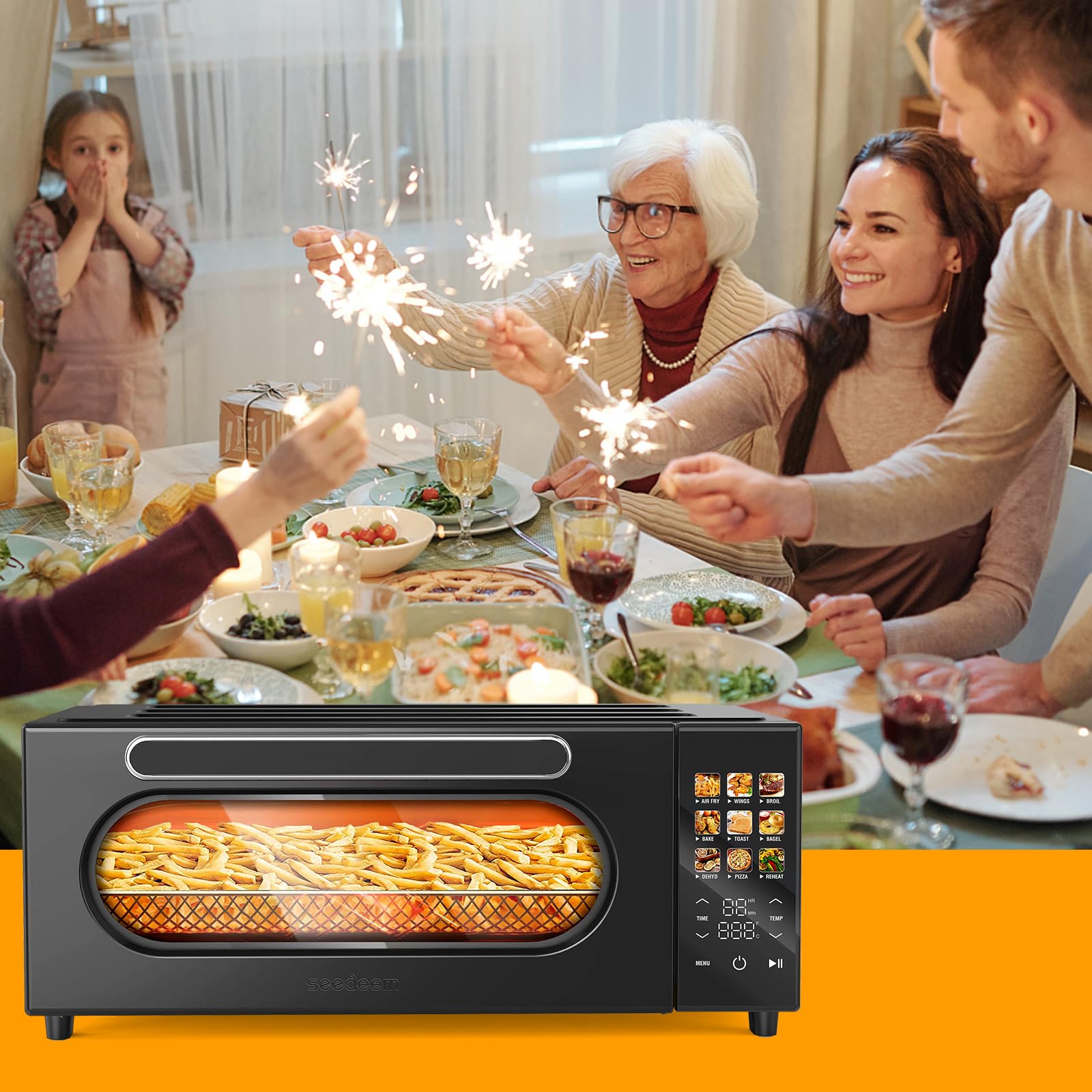 SEEDEEM 10-in-1 Air Fryer Toaster Oven with Convection, 15L Capacity - LCD Touch Screen, 1800W Countertop Oven for Baking, Roasting, Dehydrating - Includes 4 Accessories (Black) | Perfect for Small Kitchens, Dorms & RV Cooking