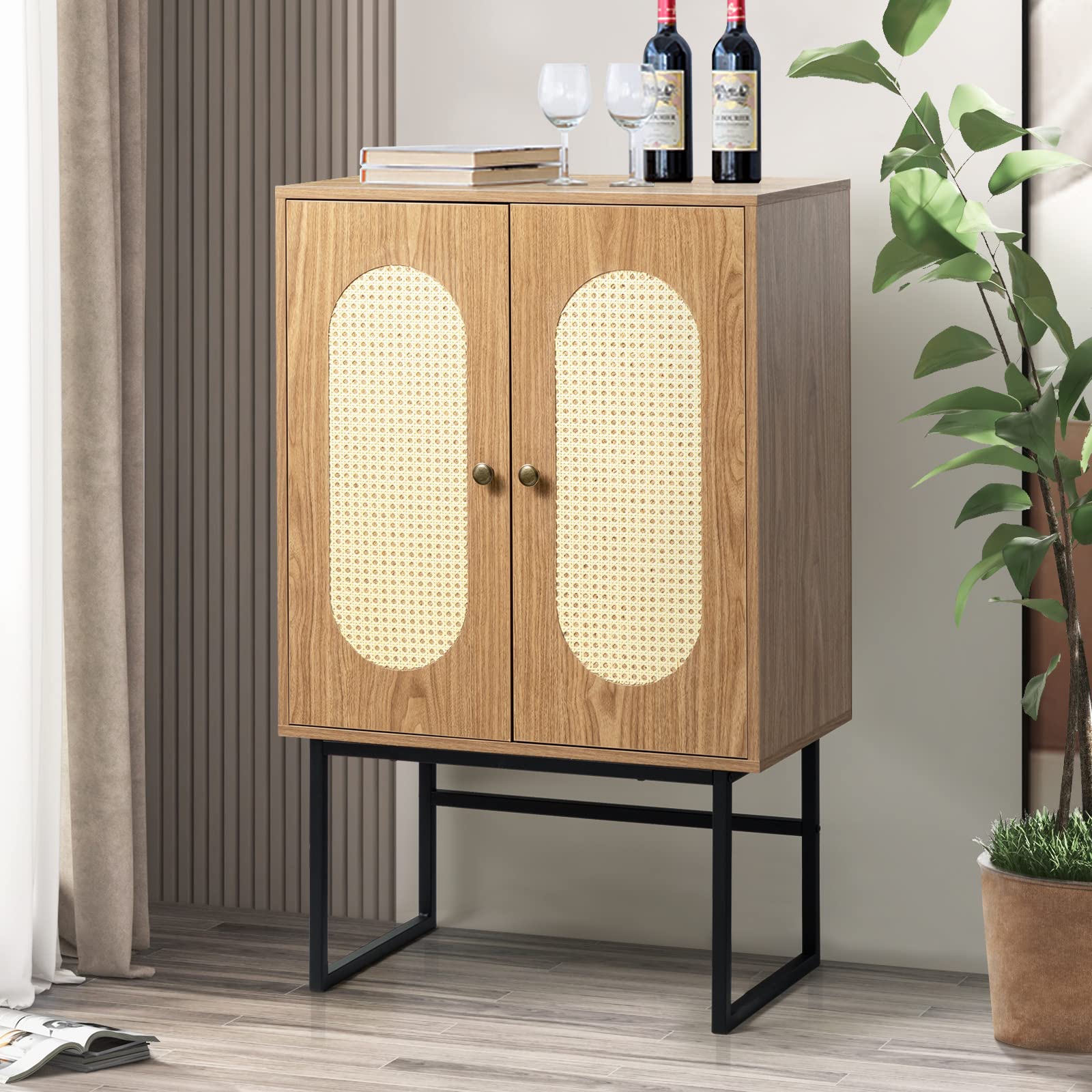 HULALA HOME Modern Accent Storage Cabinet with 2 Rattan Doors & Interior Shelves - Farmhouse Sideboard Buffet Console Table for Living Room, Bedroom, Kitchen or Hallway - Acorn Finish - Perfect for Home Organization & Stylish Decor