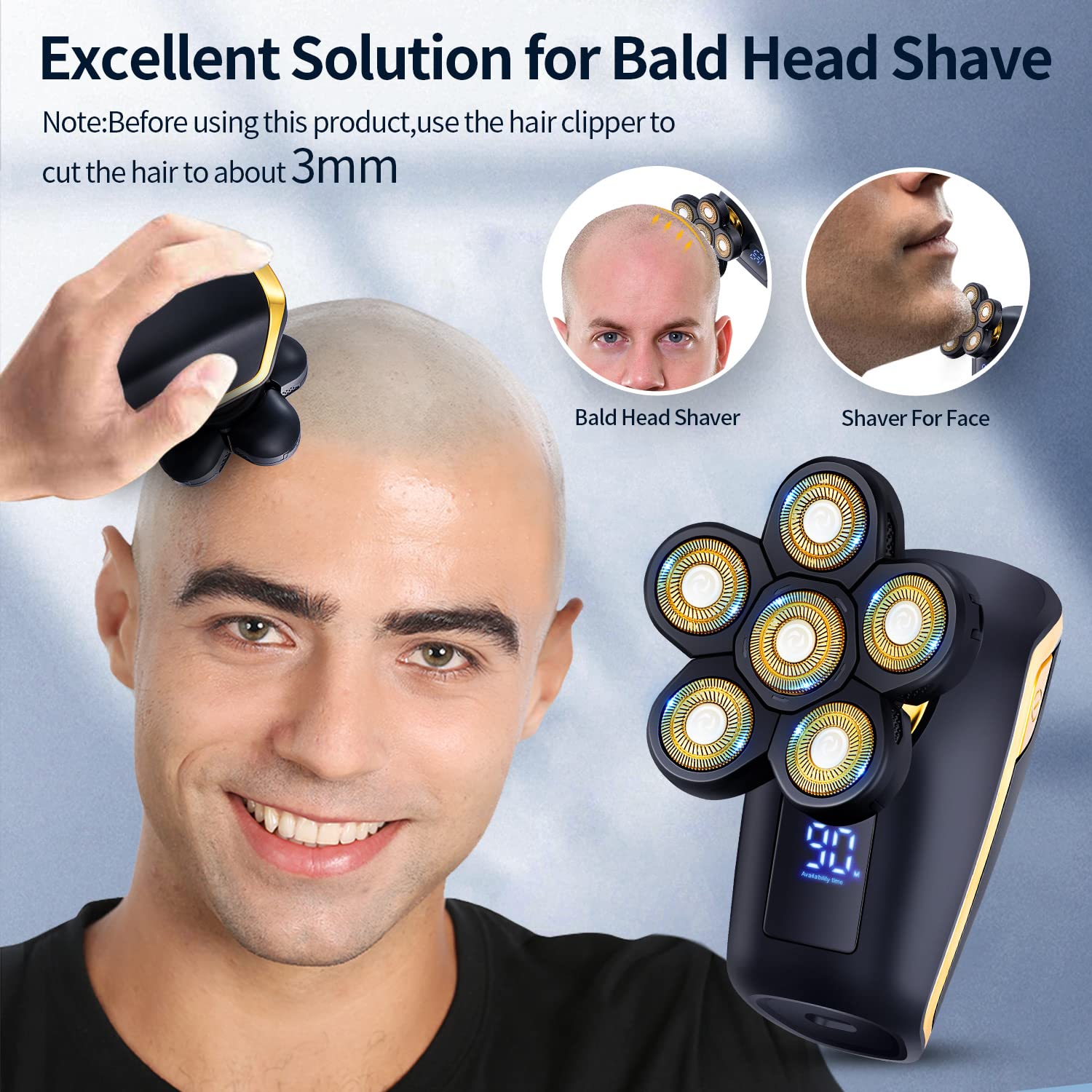 6D Electric Rotary Head Shaver for Men - Cordless, Waterproof & Rechargeable Bald Head Shaver - Multifunctional Men's Electric Razor for Smooth Shaving - Perfect for Travel, Gym & Daily Grooming Routine