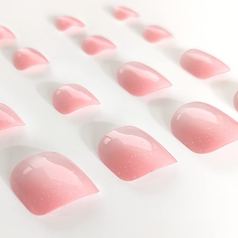 24Pcs Pink Gradient Press on Toenails for Women - Short Square Fake Toenails with Glitter Powder Design, Summer Manicure Glossy Toe Nail Press Ons | Perfect for Pedicures, Beach Vacations & Summer Nail Art