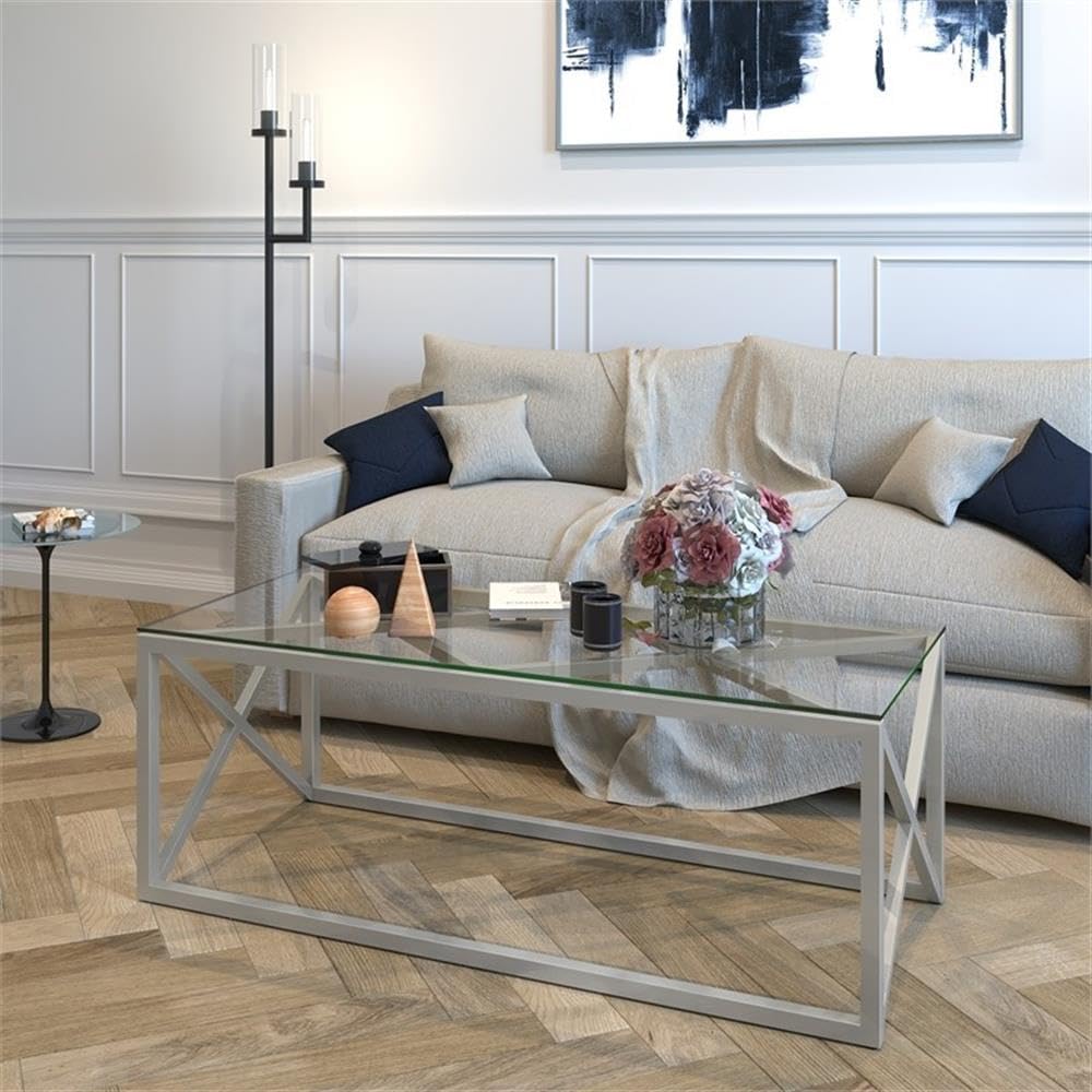 Dixon 46-Inch Wide Modern Rectangular Coffee Table with Satin Nickel Finish - Perfect for Living Room, Lounge & Office Spaces