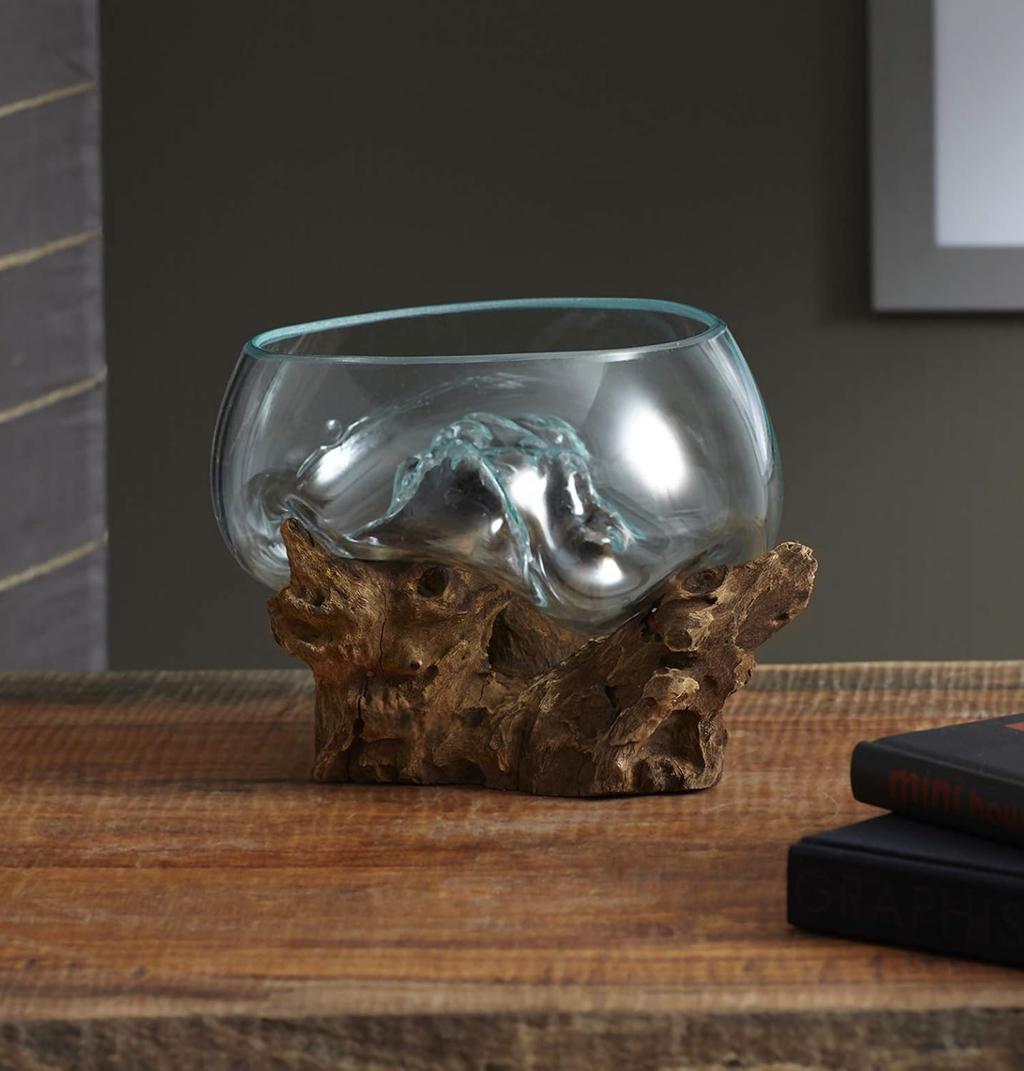 Cohasset Molten Glass Vase #658 - 8 Inch Wide Mouth Terrarium for Fairy Gardens, Home Decor - Handmade from Natural Wood & Recycled Glass - Perfect for Succulents, Candles, and Centerpieces