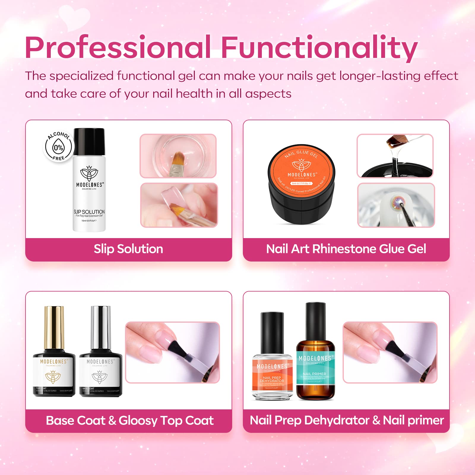 Modelones Poly Nail Gel Kit - 8 Rosy Pink Colors with 48W UV/LED Lamp, Professional Nail Extension Gel Set for Salon & Home Use, Complete DIY Manicure Kit with Rhinestones & Glitters, Perfect Beauty Gift for Nail Art Lovers