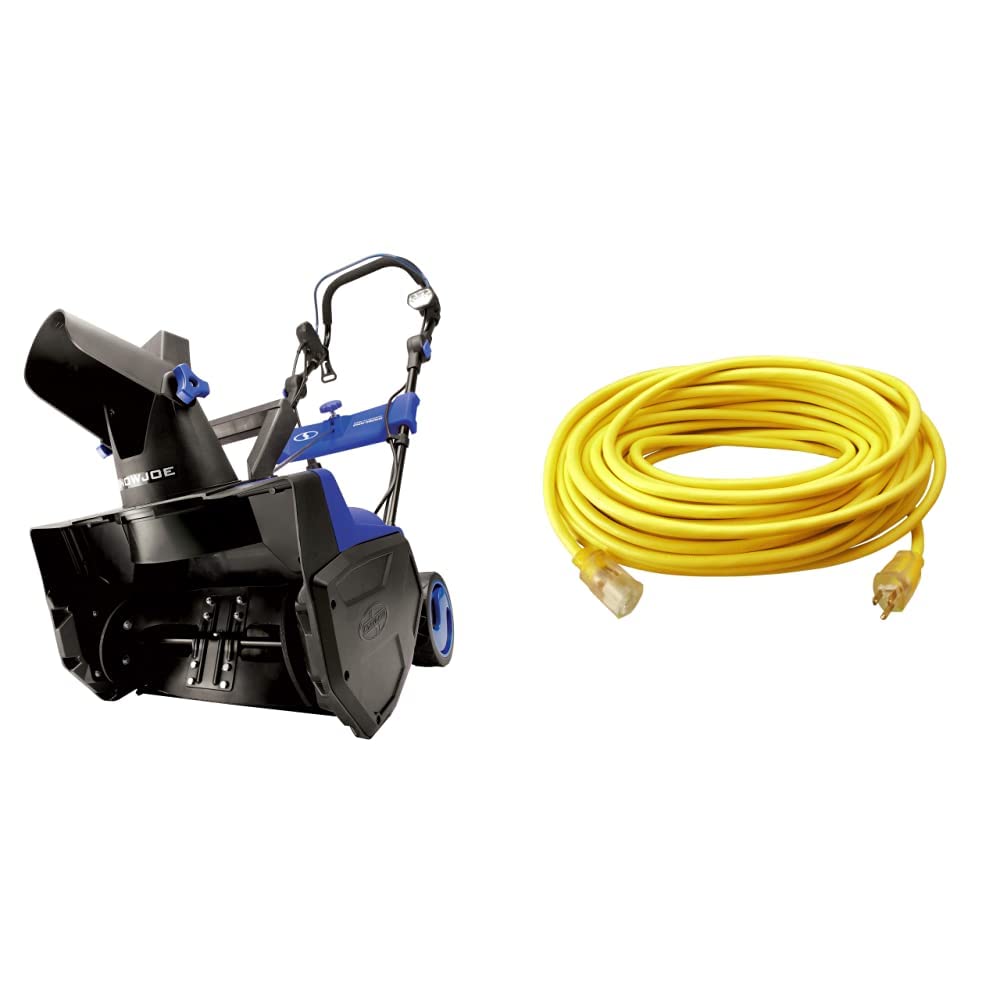 Snow Joe SJ619 18-Inch Electric Single Stage Snow Thrower with 14.5 Amp Motor & LED Lights | Heavy Duty Southwire 50-Foot Outdoor Extension Cord (12/3 SJTW, 3-Prong, Yellow) | Perfect for Driveway Clearing & Commercial Snow Removal