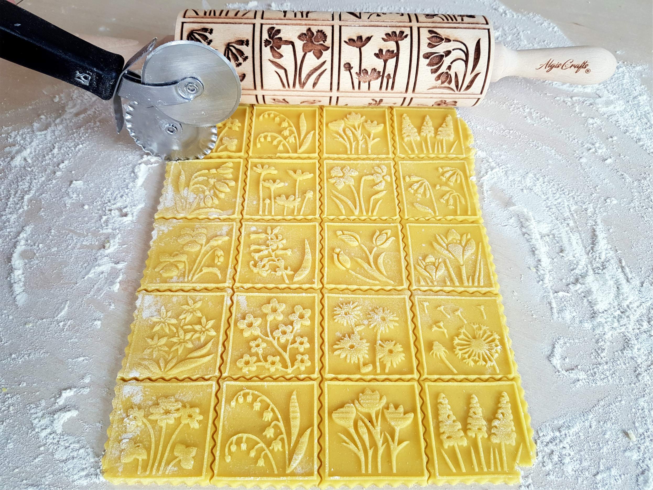 Algis Crafts Spring Flowers Embossing Rolling Pin - 16 Unique Floral Designs for Baking, Cake Decorating & DIY Crafts | Perfect for Cookies, Pastries & Wedding Favors