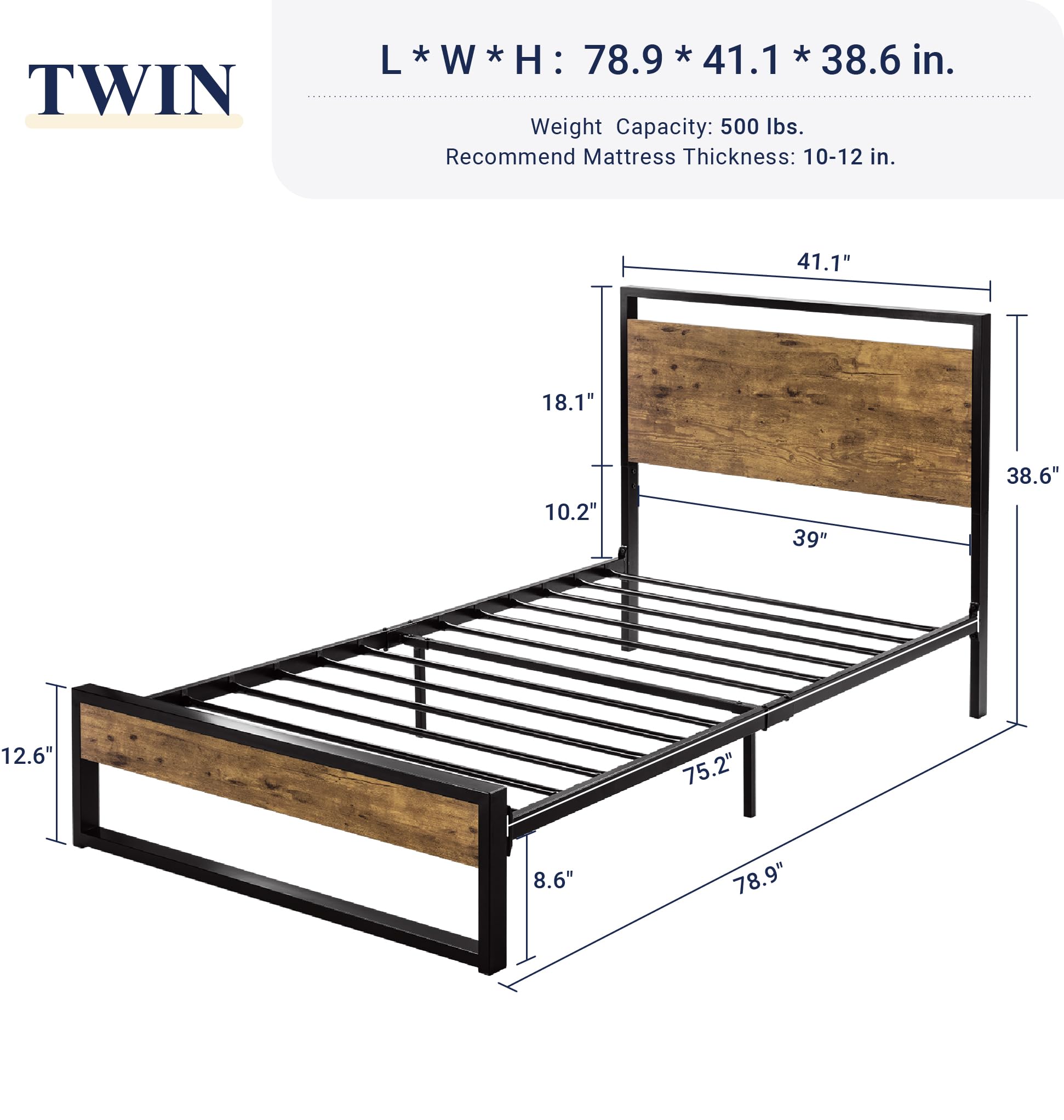 Allewie Twin Bed Frame with Rustic Headboard & Footboard - Sturdy Metal Frame, No Box Spring Needed in Rustic Brown - Perfect for Kids Rooms, Guest Bedrooms & Farmhouse Style Decor