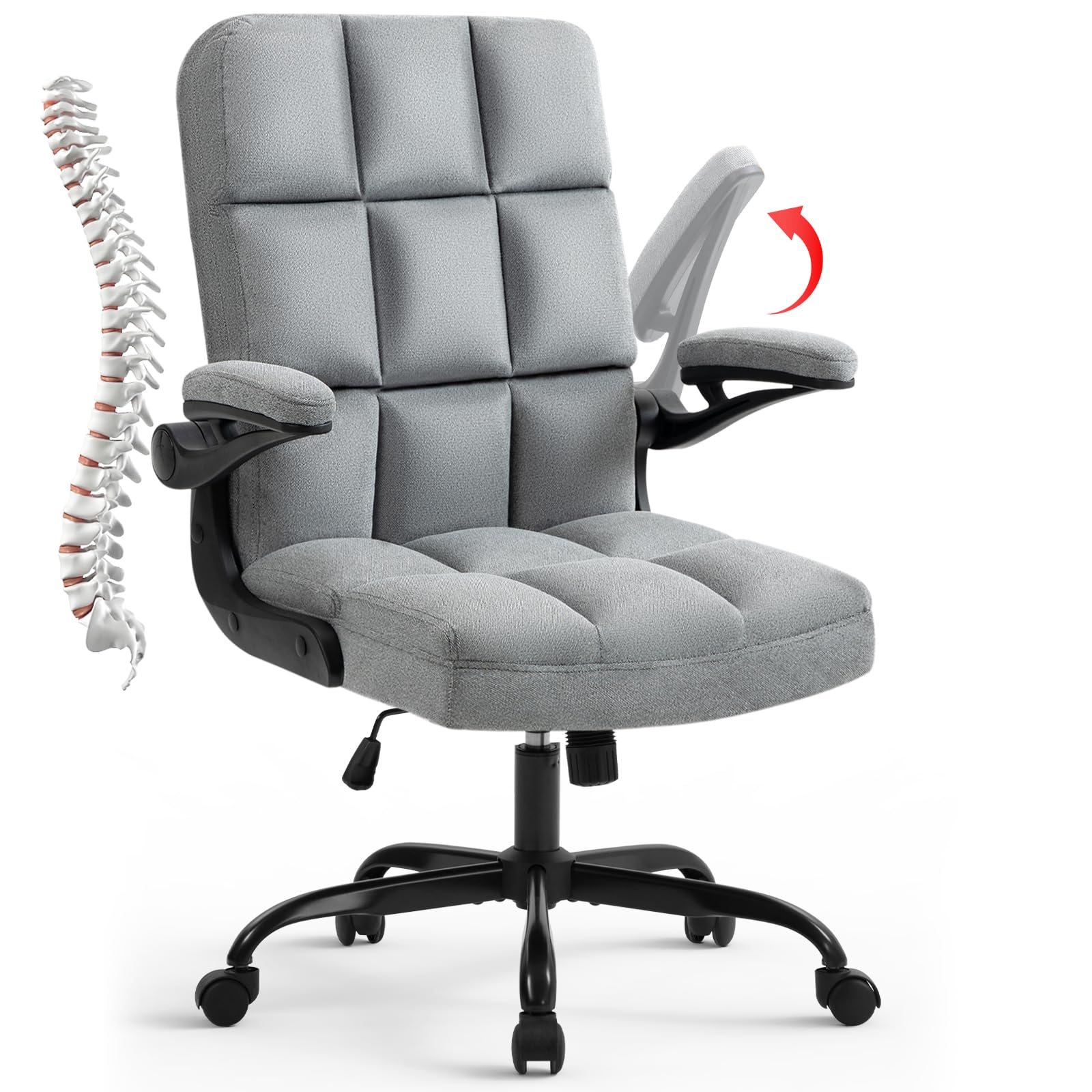 SEATZONE Ergonomic Home Office Chair - Adjustable Fabric Upholstered Desk Chair with Armrests & Lumbar Support - Modern Executive Swivel Task Chair for Computer Work, Gaming & Remote Work - Grey