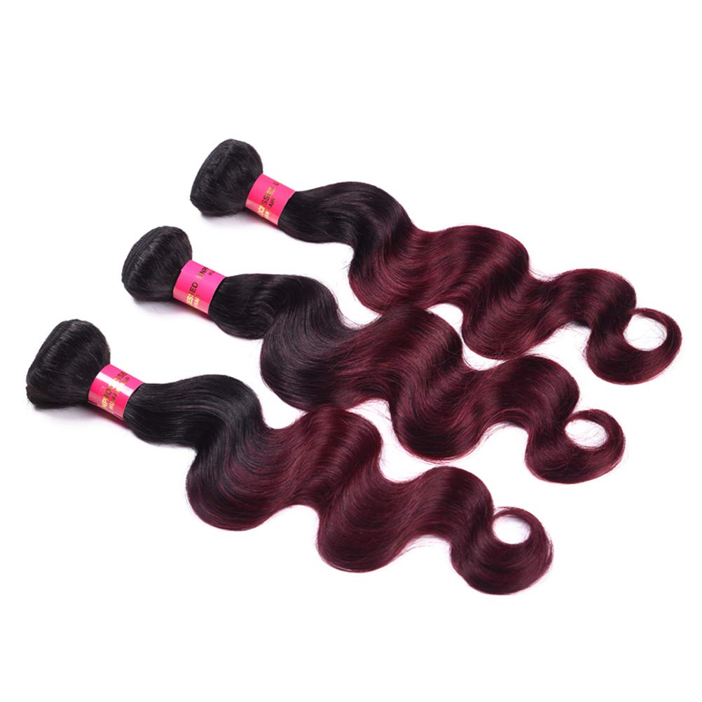 Brazilian Ombre Burgundy Human Hair Bundles 8A Body Wave Weaves - 1B/99J Ombre Red Hair Extensions (18, 20, 22 Inch) for Stunning Length & Volume | Perfect for Parties, Weddings & Everyday Glam