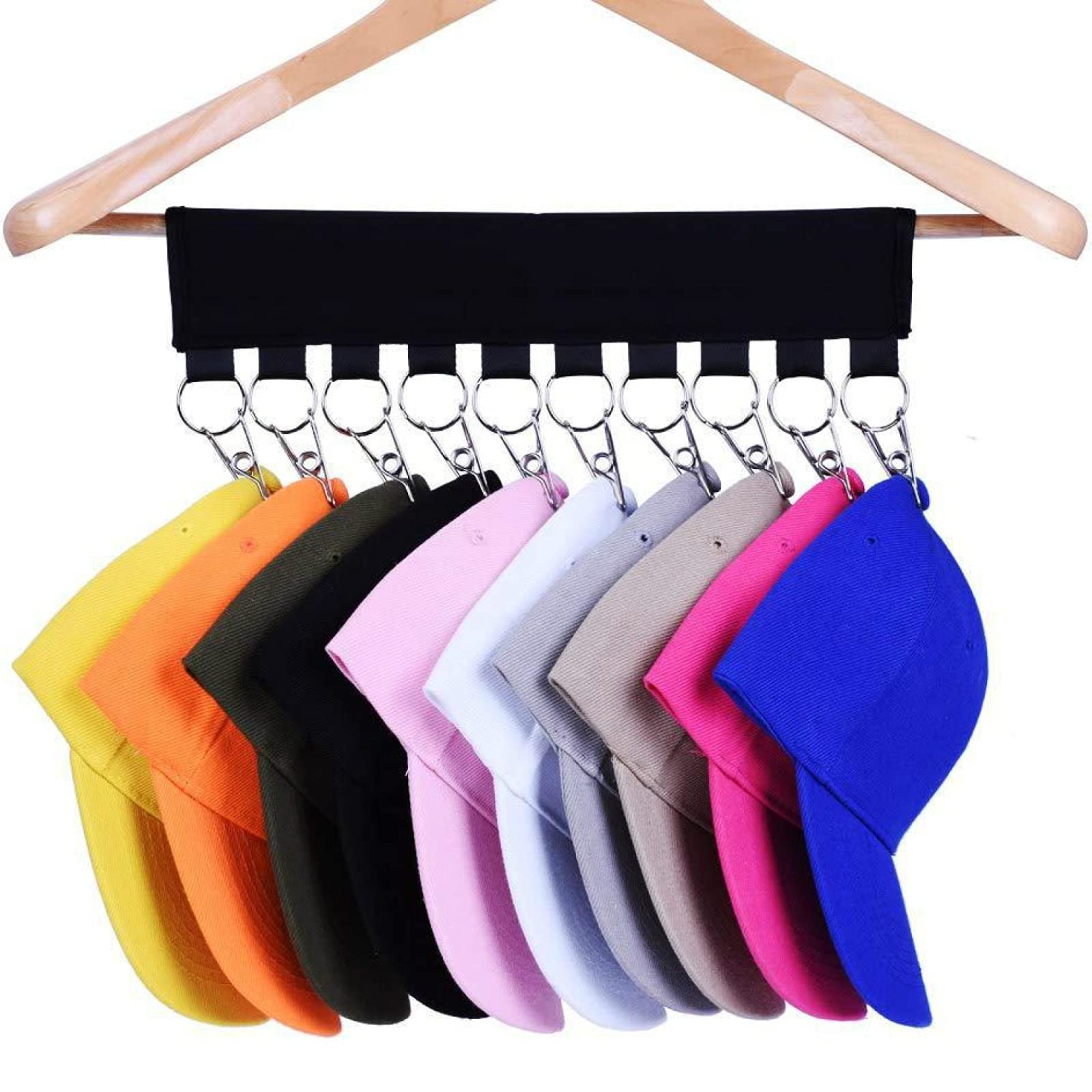 Stiletabio Cap Organizer Hanger - 10 Large Hat Holder Clips for Closet Storage & Organization | Convert Any Clothes Hanger to a Hat Organizer | Perfect for Baseball Caps, Beanies & Sun Hats (1 Pack, Black) - Ideal for Bedroom, Closet & Entryway Organization