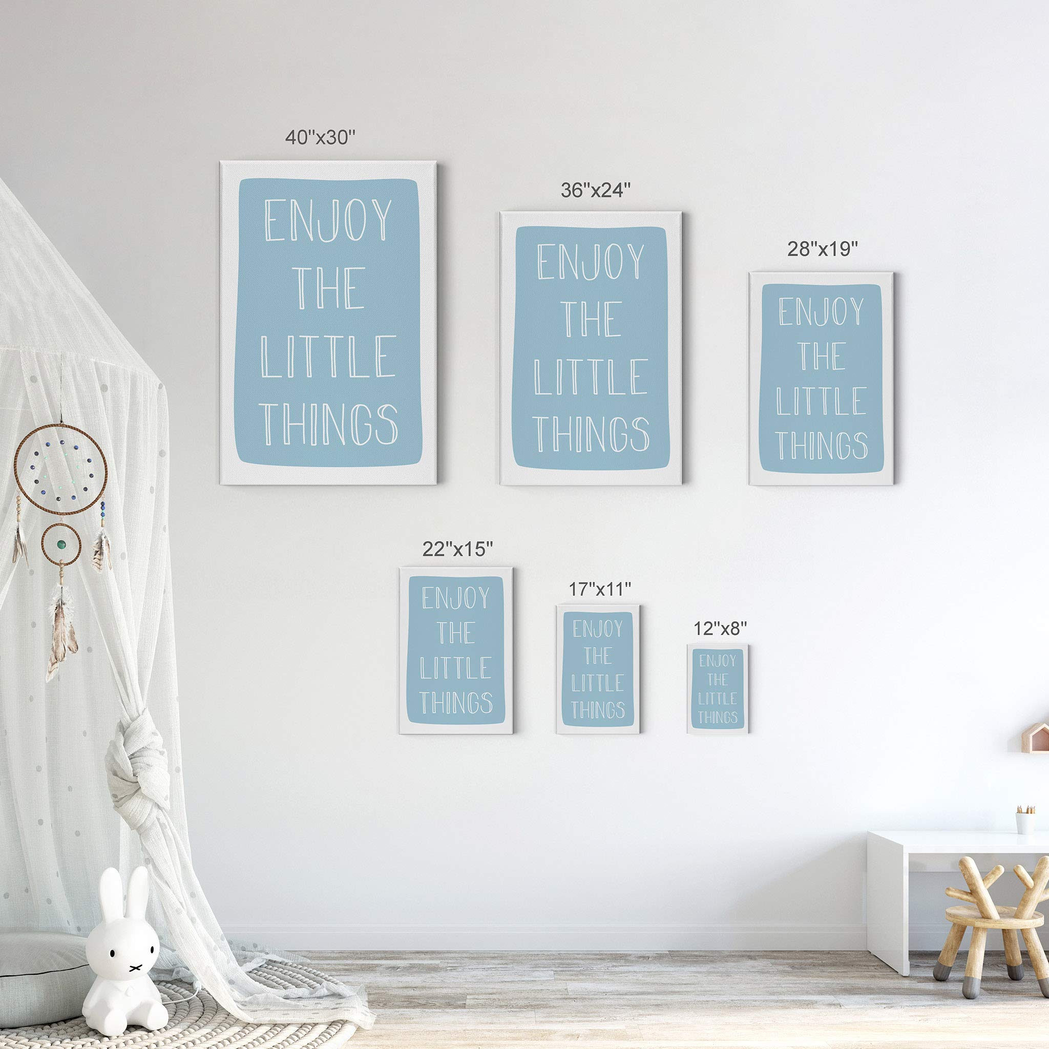 Enjoy The Little Things Lettering Blue Background Canvas Print - Kids Room Decor, Nursery Wall Art, Baby Room Decor - Ready to Hang 17x11 - Made in USA - Perfect for Bedrooms, Playrooms & Gift Giving
