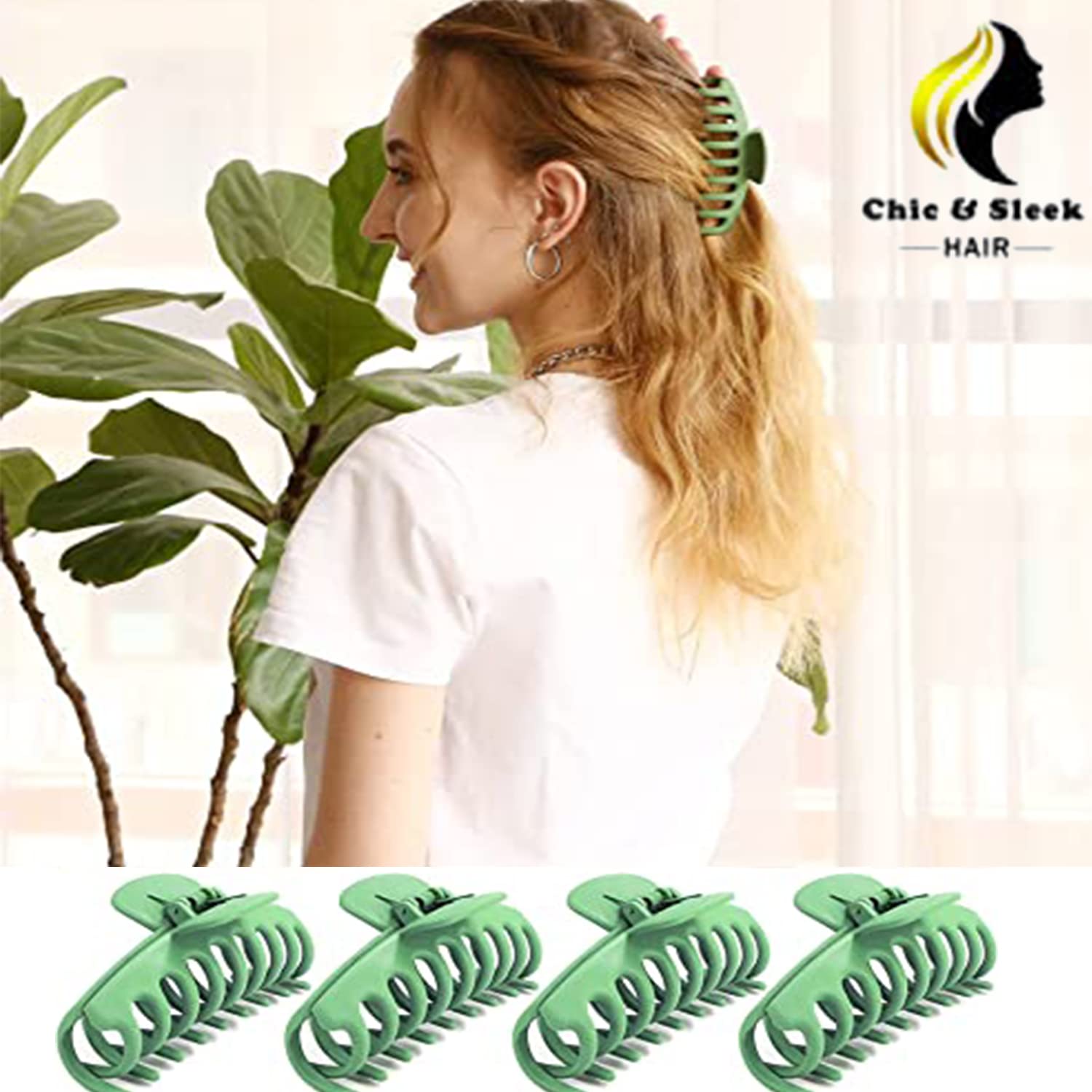 Chic & Sleek Hair Claw Clips for Women - Strong Hold Hair Clips for Thick Hair - 4 Inch Non-Slip Fashion Hair Accessories in Pink, Khaki, Green & Black - Perfect for Everyday Styling, Work, Gym & Casual Outings