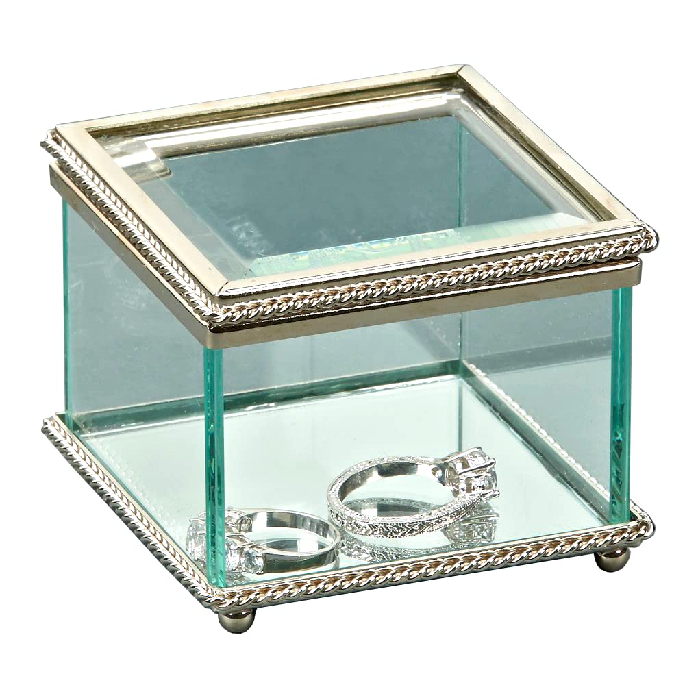 Lead-Free Glass Jewelry Box with Hinged Lid, Mirrored Base & Nickel Plated Trim - 3.25