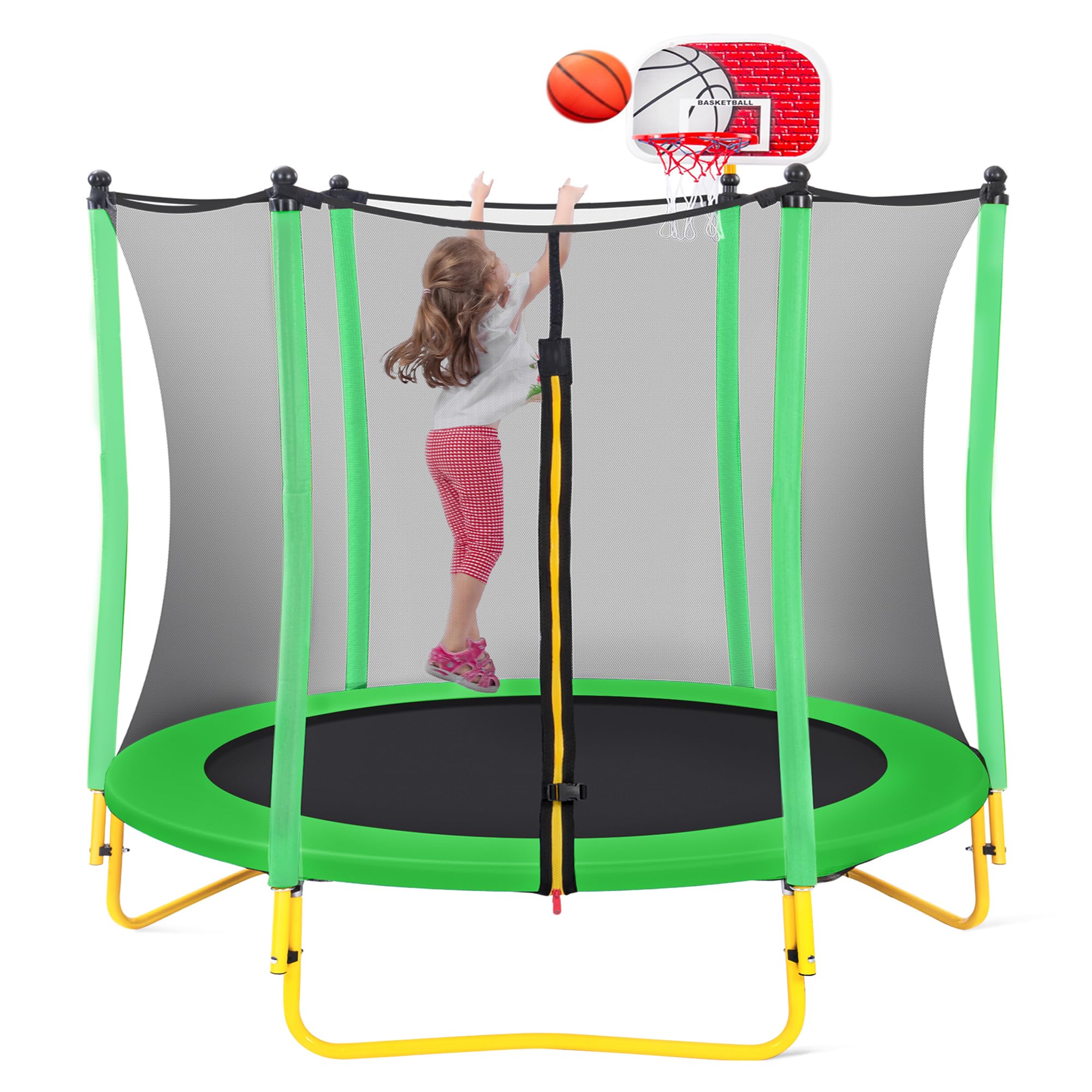 Merax 66'' Kids Trampoline with Basketball Hoop & Safety Enclosure Net - 5.5FT Mini Trampoline for Toddlers Ages 1-8 | Indoor/Outdoor Bounce Toy with Rubber Ball | Perfect Birthday Gift for Active Kids | Great for Backyard Play, Exercise & Birthday Parties