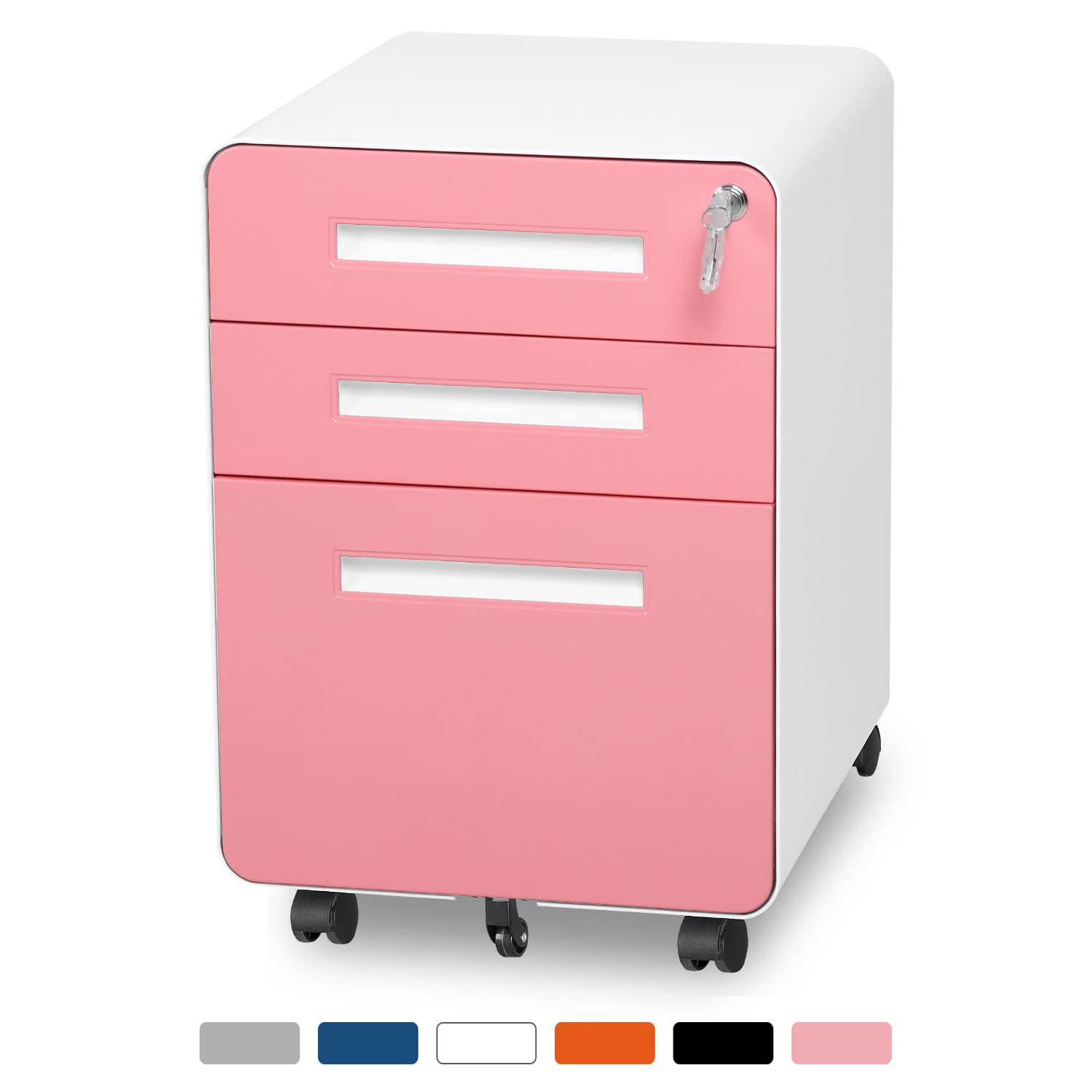 Greenvelly Locking Metal Filing Cabinet with Mobile Pedestal - Fully Assembled Under Desk Storage for Legal, Letter & A4 Documents - Home Office Organization Solution (Pink)
