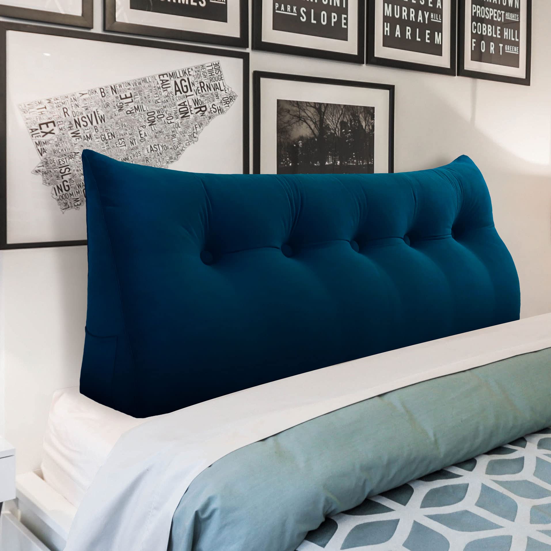 WOWMAX California King Size Ergonomics Headboard Pillow - Velvet Upholstered Wedge Pillow for Bed, No Assembly Triangular Back Support Cushion (100% Cotton, Deep Blue) - Perfect for Reading, Watching TV & Relaxing in Bed