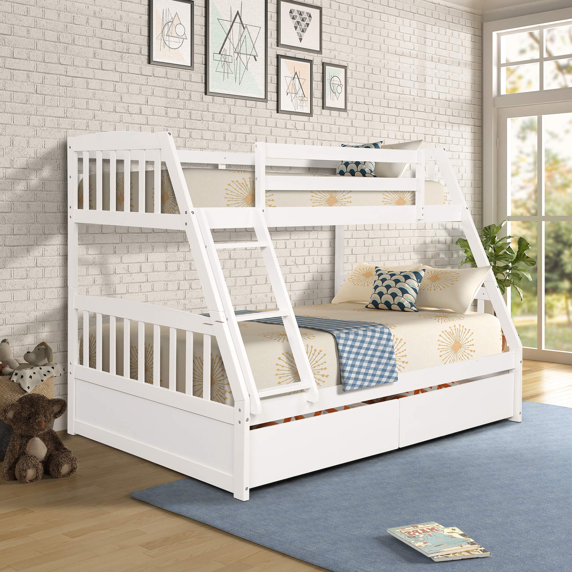 Merax Twin-Over-Full Bunk Bed with Storage Drawers & Guardrail - Convertible to 2 Beds for Kids & Teens Rooms