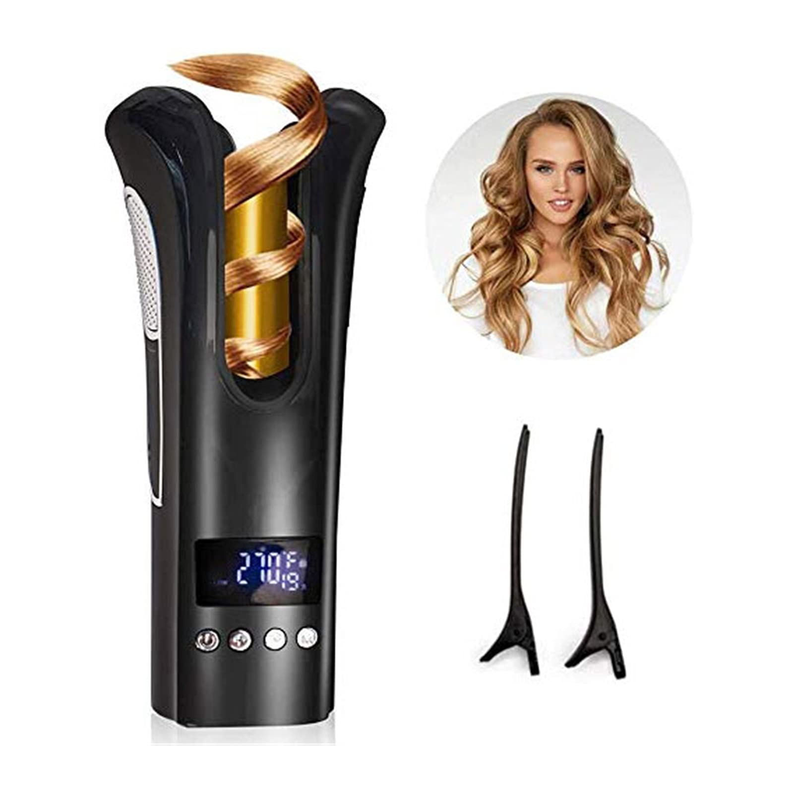 HHWKSJ Cordless Auto Hair Curler - Rechargeable Rotating Ceramic Curling Iron with LCD Display, Adjustable Temperature & Timer for Perfect Curls | Fast Heating, Portable Hair Styling Wand for Home, Travel & Salon Use